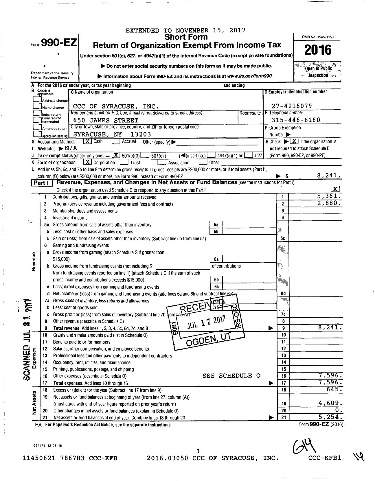 Image of first page of 2016 Form 990EZ for CCC of Syracuse