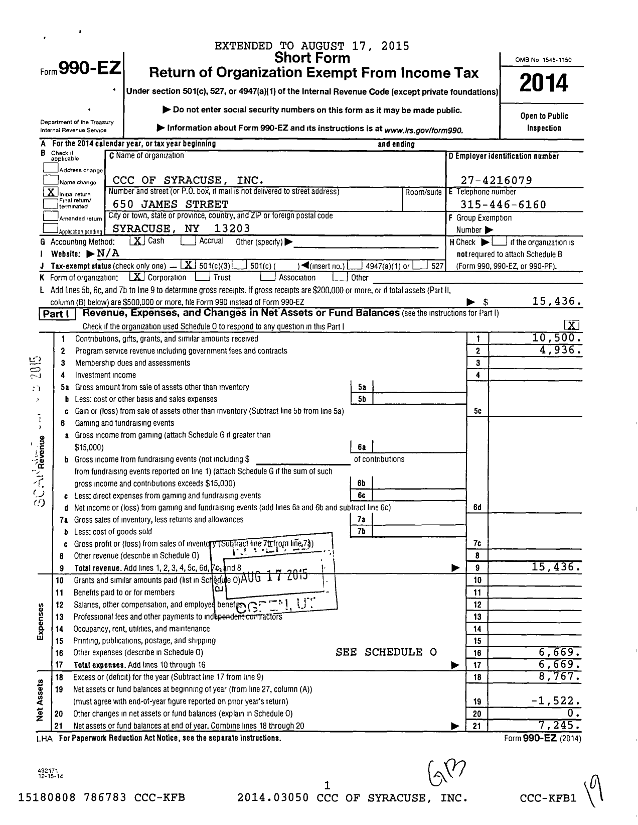 Image of first page of 2014 Form 990EZ for CCC of Syracuse