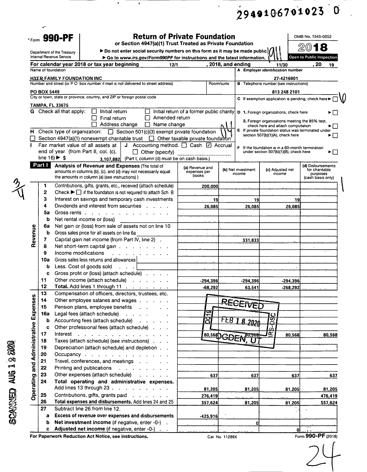 Image of first page of 2018 Form 990PR for Hyer Family Foundation