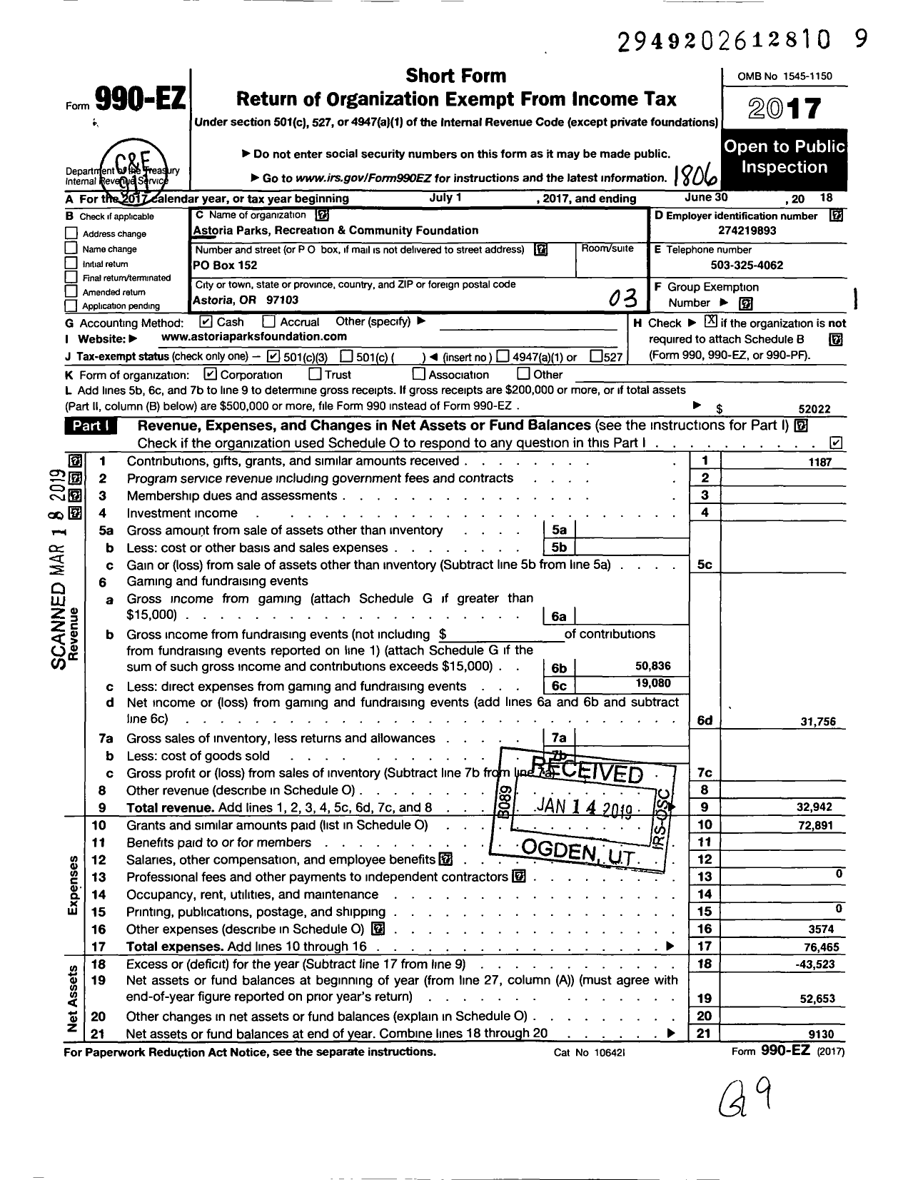 Image of first page of 2017 Form 990EZ for Astoria Parks Recreation and Community Foundation