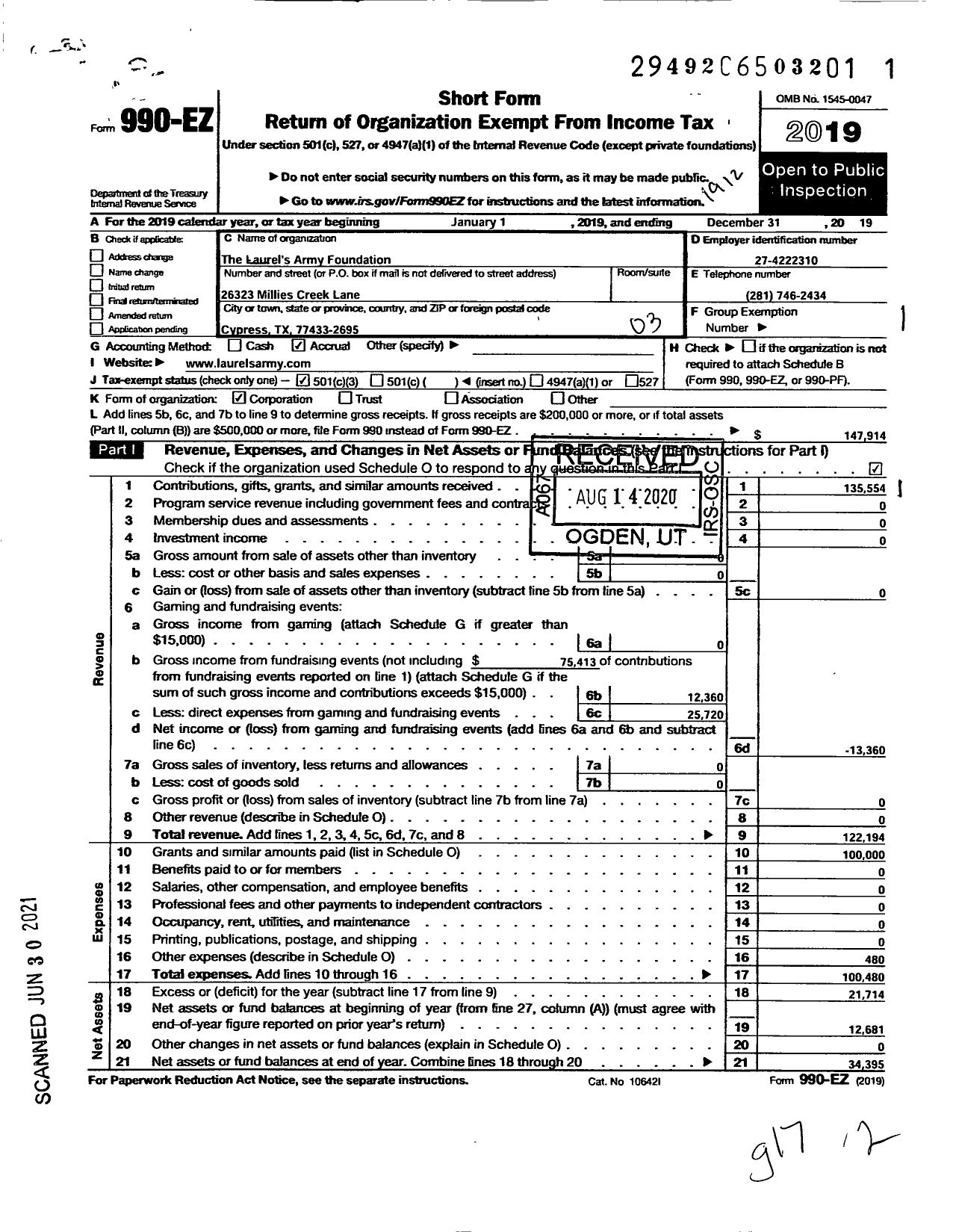 Image of first page of 2019 Form 990EZ for Laurels Army Foundation