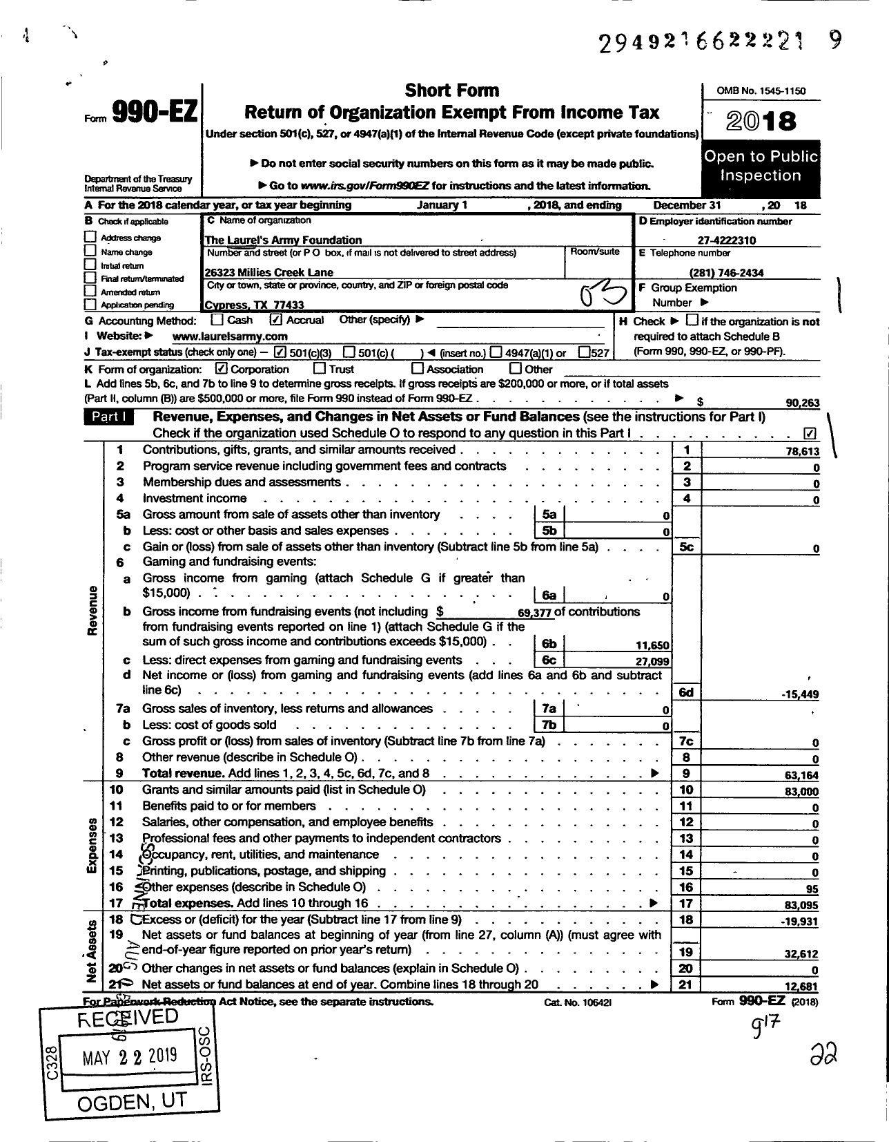 Image of first page of 2018 Form 990EZ for Laurels Army Foundation