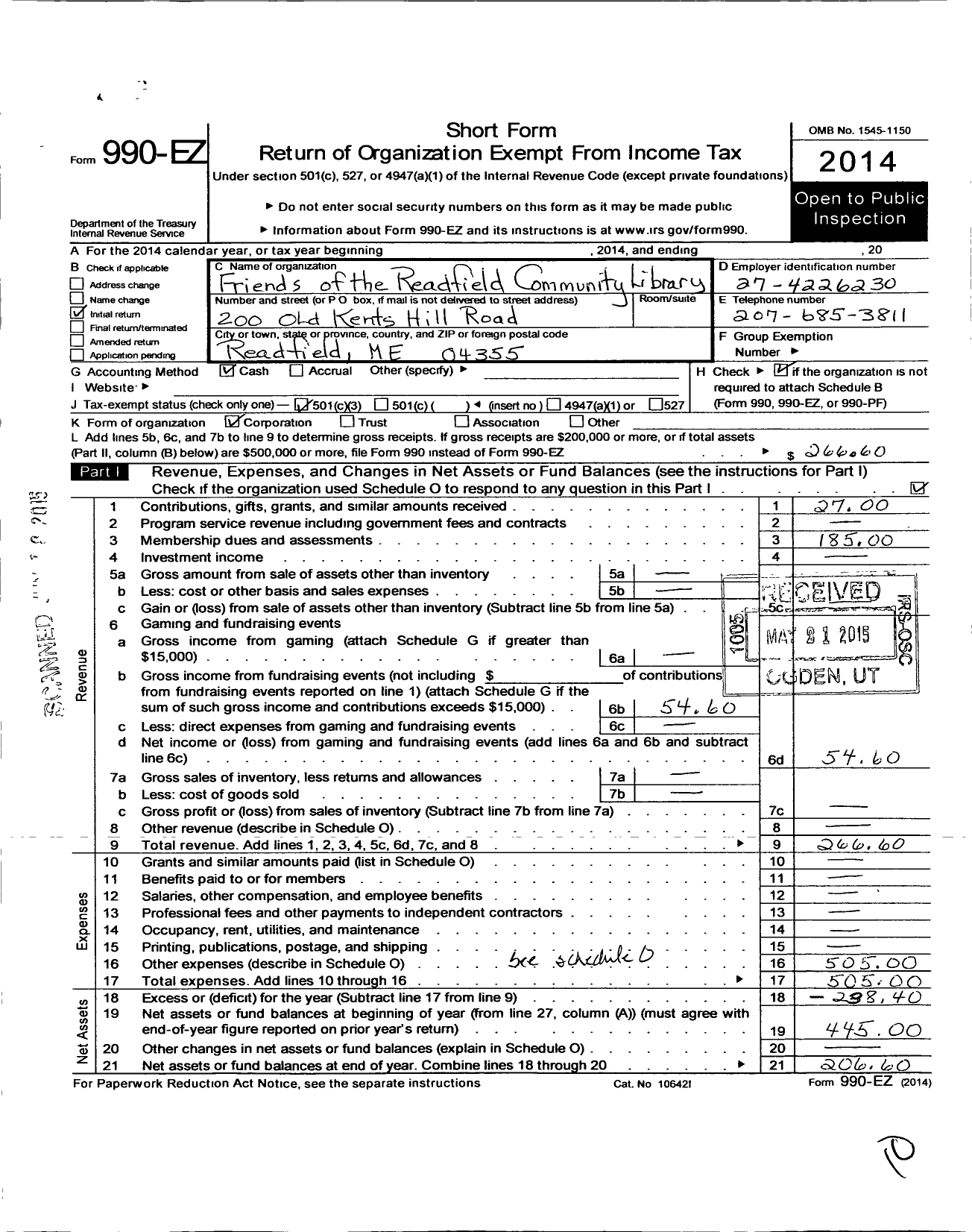 Image of first page of 2014 Form 990EZ for Friends of the Readfield Community Library