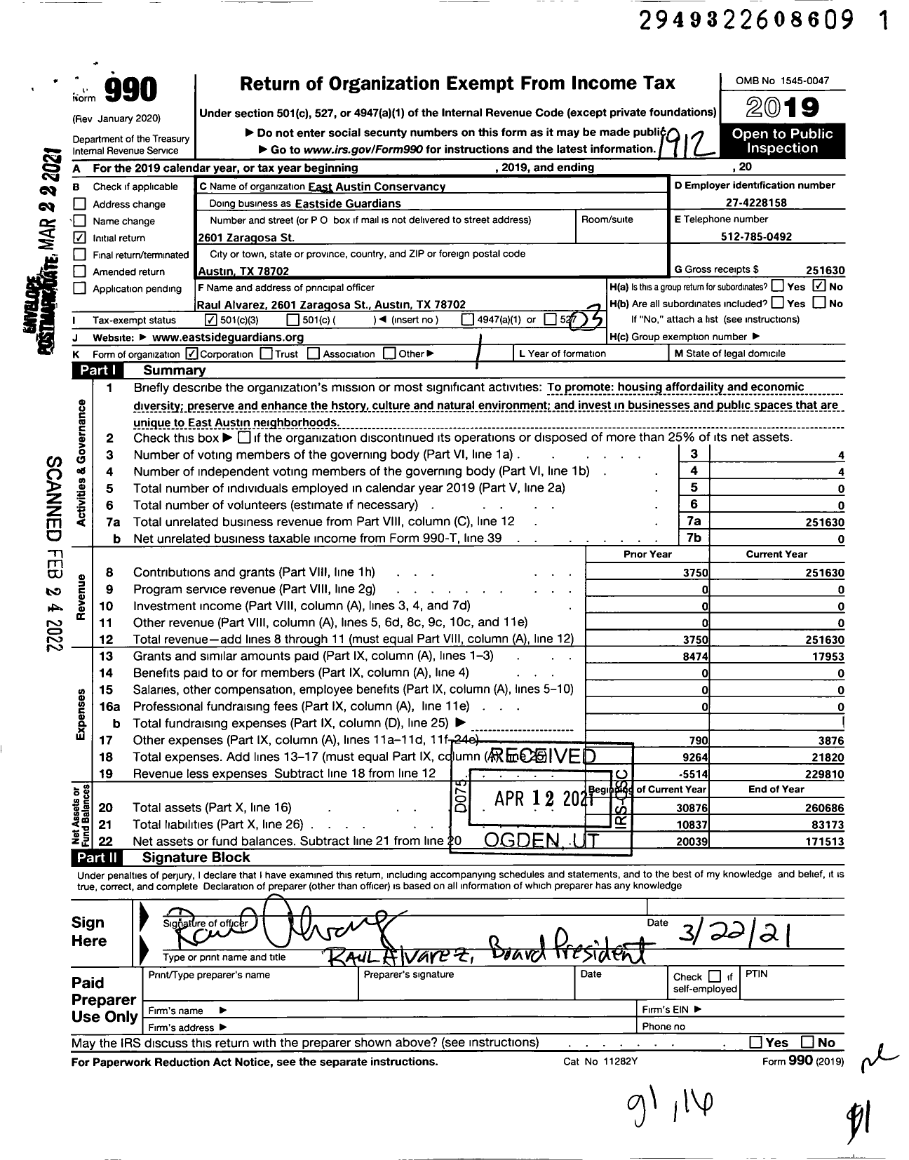 Image of first page of 2019 Form 990 for Eastside Guardians