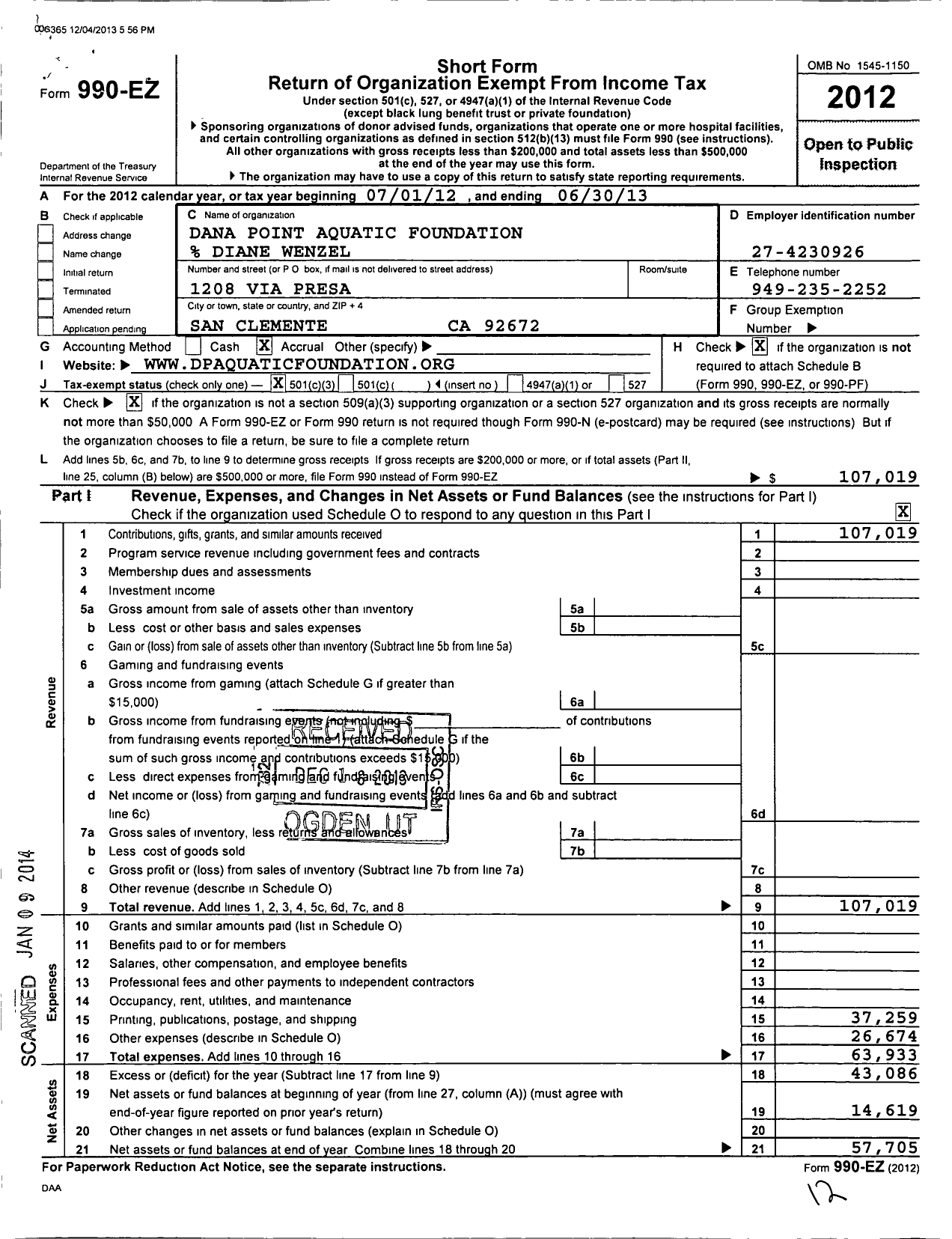 Image of first page of 2012 Form 990EZ for Dana Point Aquatic Foundation (DPAF)