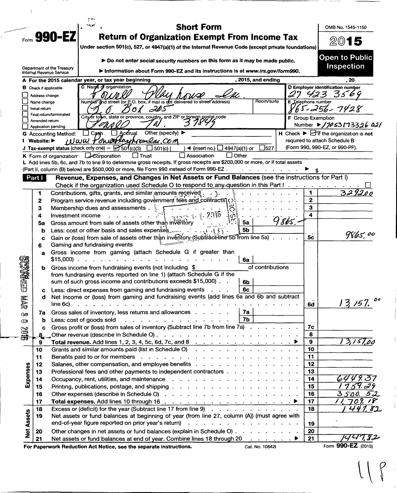 Image of first page of 2015 Form 990EZ for Powell Playhouse