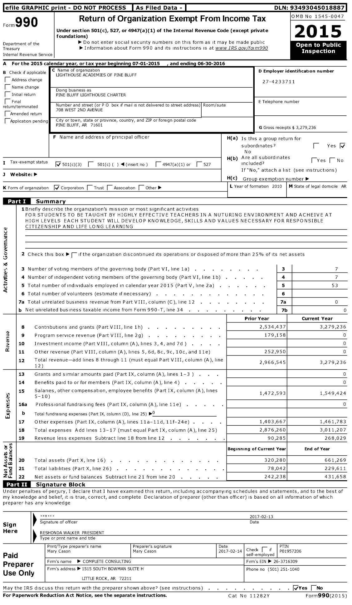 Image of first page of 2015 Form 990 for Pine Bluff Lighthouse Charter