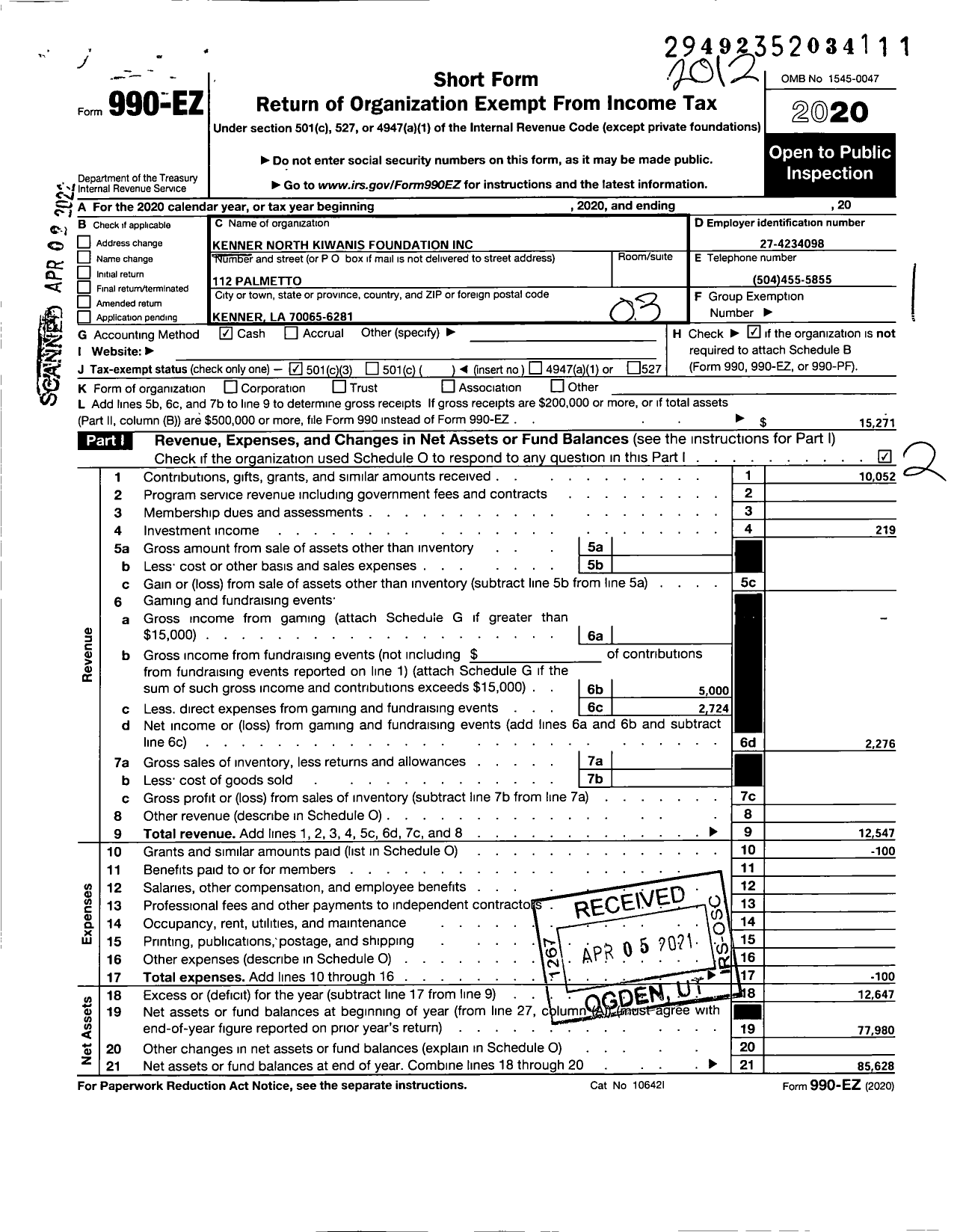 Image of first page of 2020 Form 990EZ for Kenner North Kiwanis Foundation