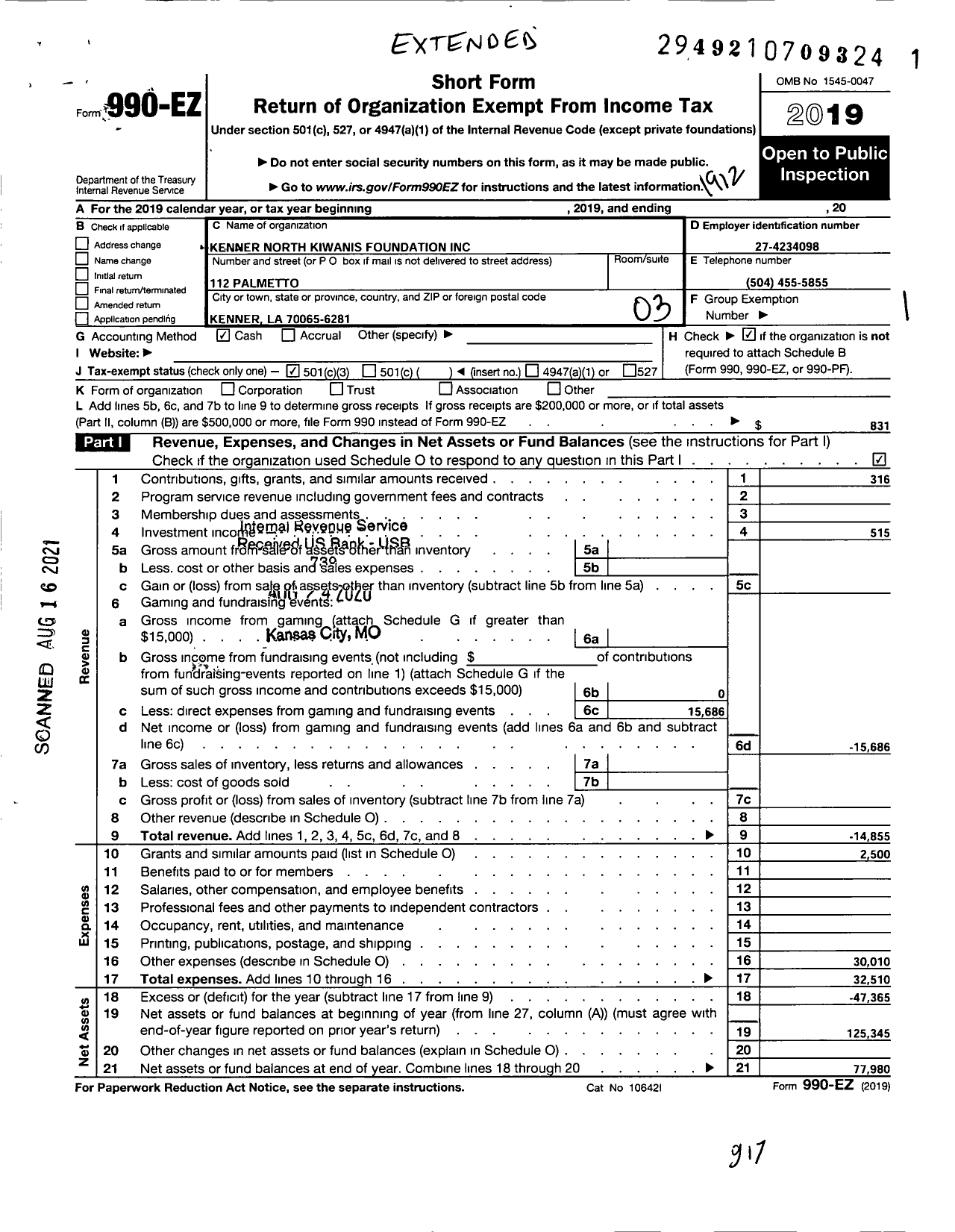 Image of first page of 2019 Form 990EZ for Kenner North Kiwanis Foundation