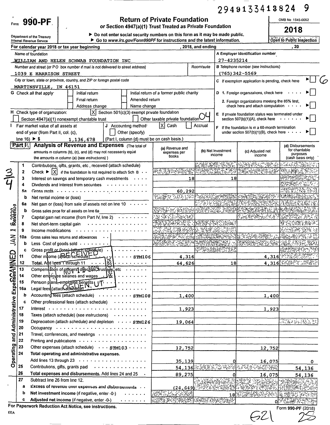 Image of first page of 2018 Form 990PF for William and Helen Schwab Foundation