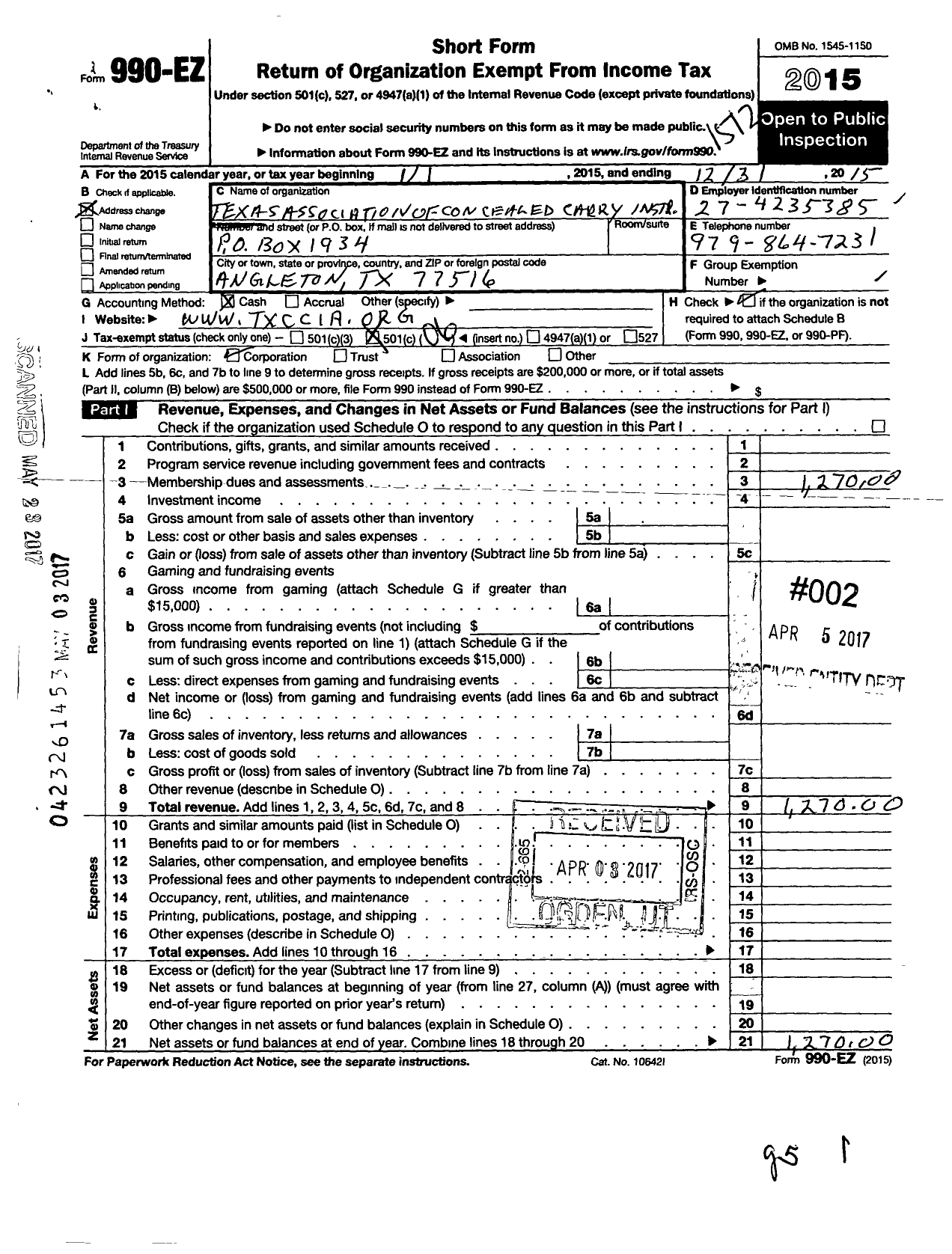 Image of first page of 2015 Form 990EO for Texas Association of Concealed Carry Instructors