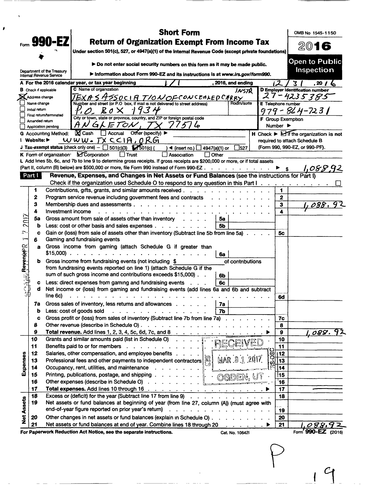 Image of first page of 2016 Form 990EO for Texas Association of Concealed Carry Instructors