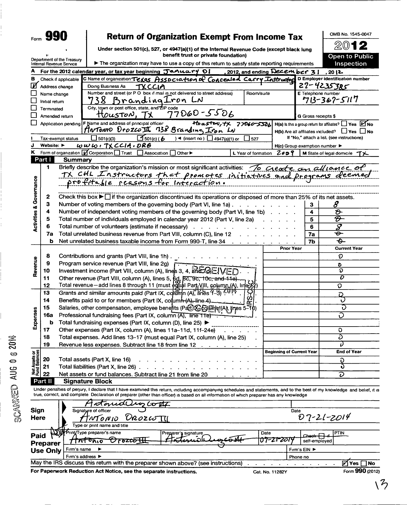 Image of first page of 2012 Form 990O for Texas Association of Concealed Carry Instructors