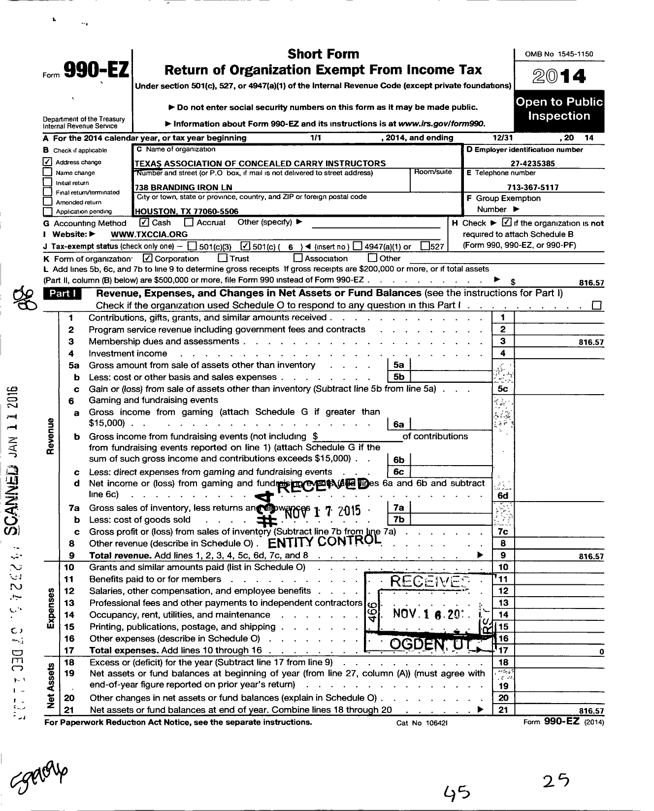 Image of first page of 2014 Form 990EO for Texas Association of Concealed Carry Instructors