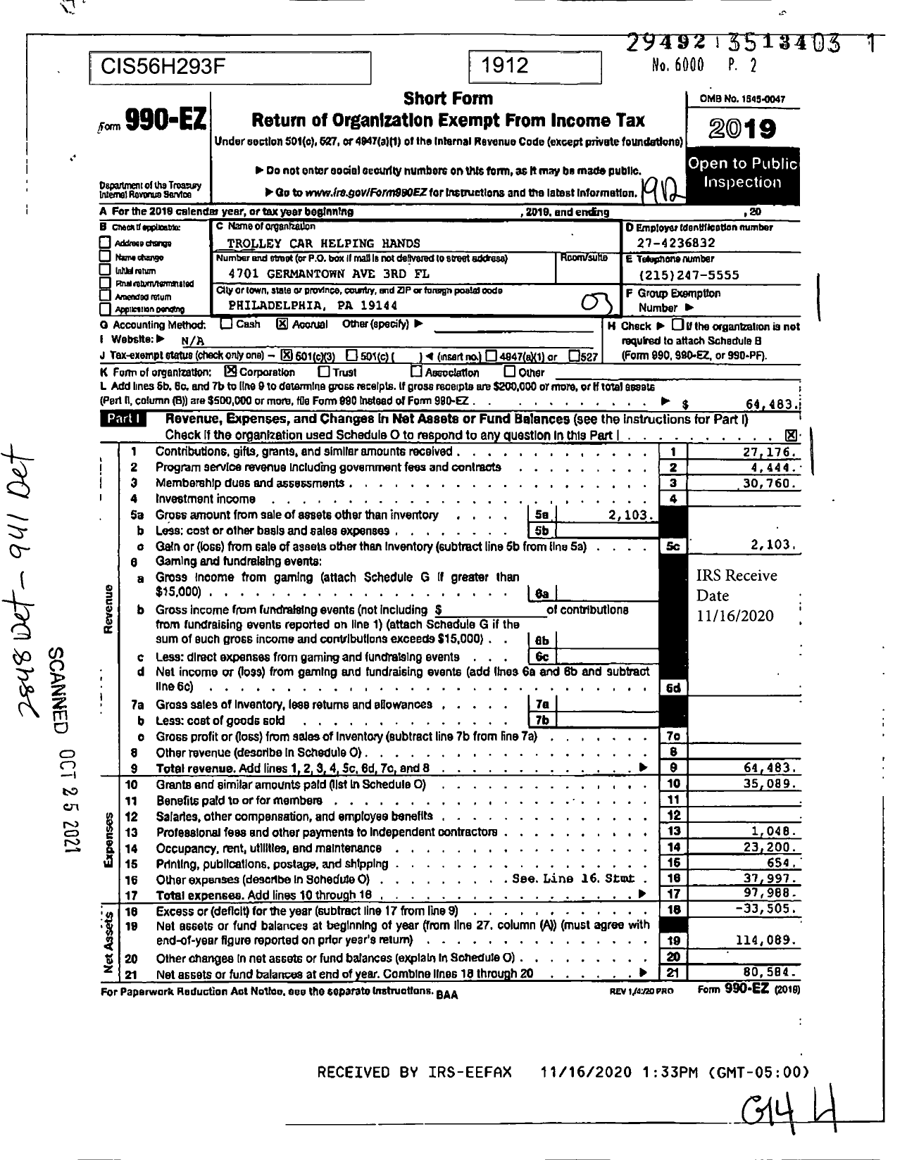 Image of first page of 2019 Form 990EZ for Trolley Car Helping Hands