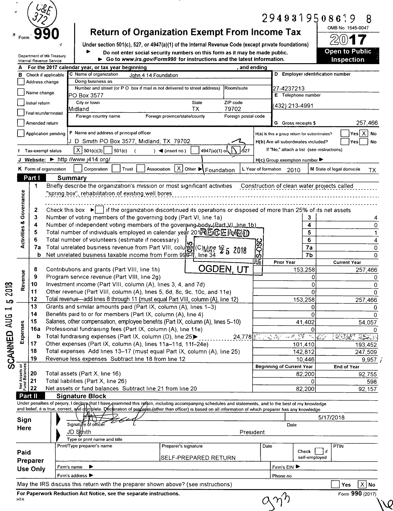 Image of first page of 2017 Form 990 for The John 4 14 Foundation