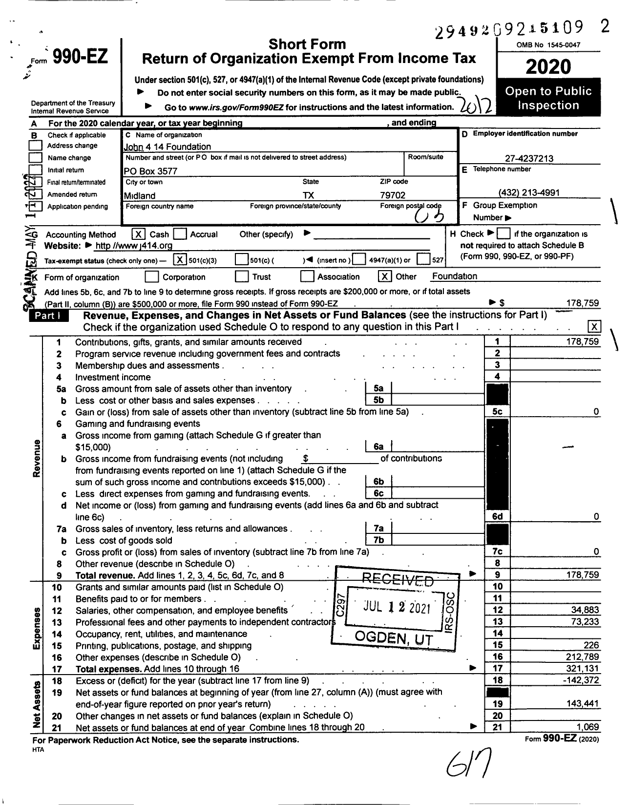 Image of first page of 2020 Form 990EZ for The John 4 14 Foundation