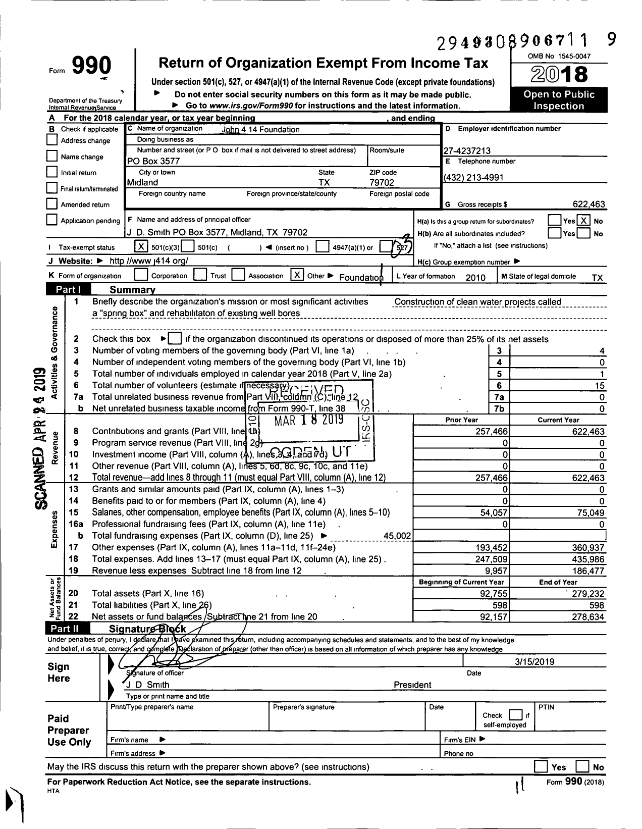 Image of first page of 2018 Form 990 for The John 4 14 Foundation