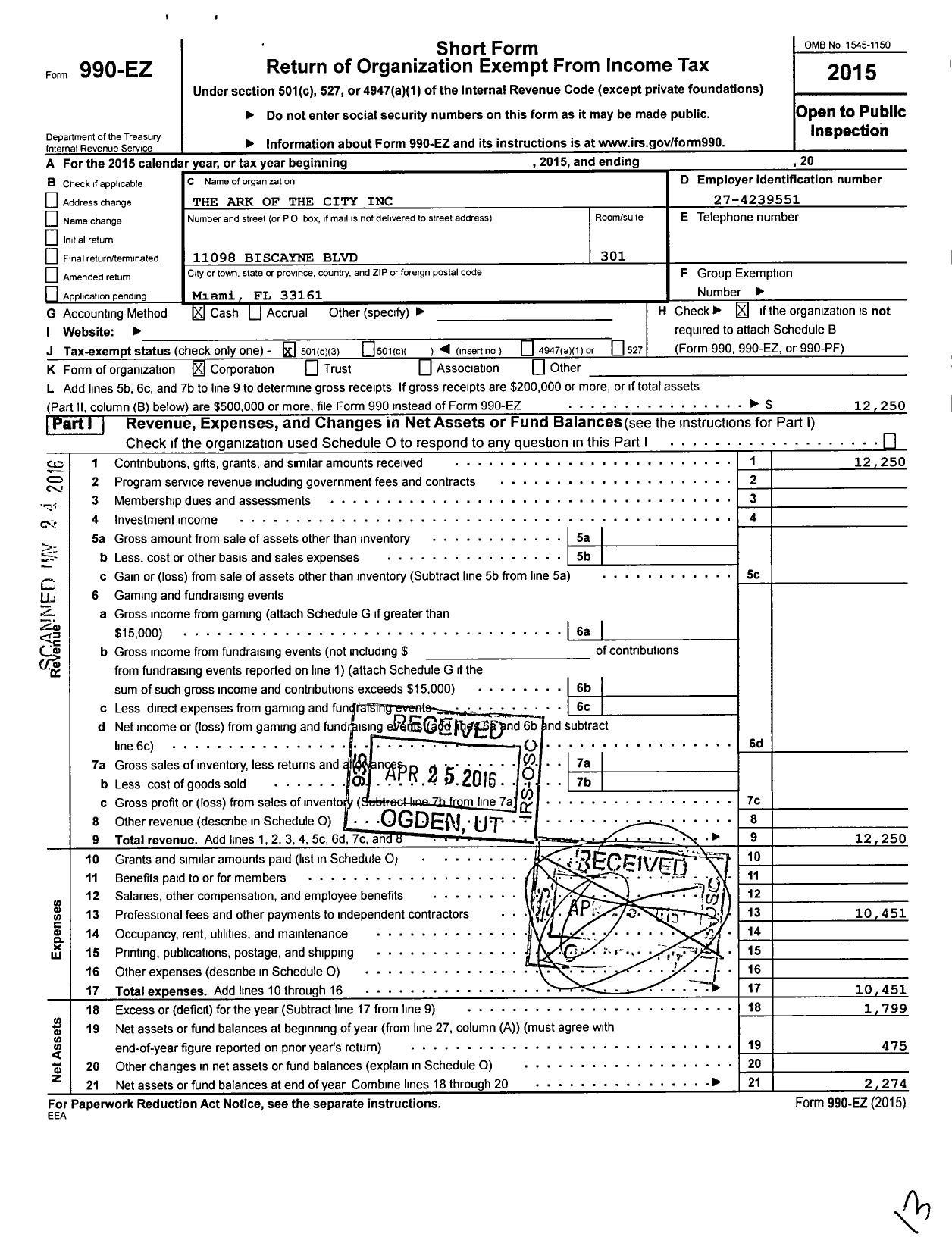 Image of first page of 2015 Form 990EZ for Ark of the City Incorporated