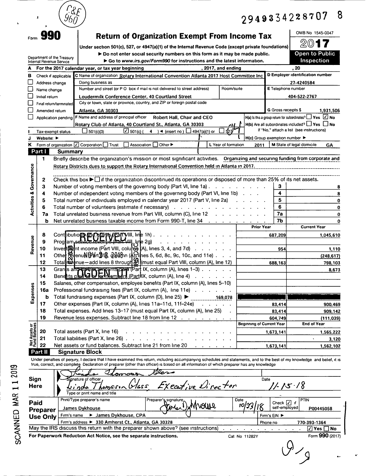 Image of first page of 2017 Form 990O for Rotary International Convention Atlanta 2017 Host Committee