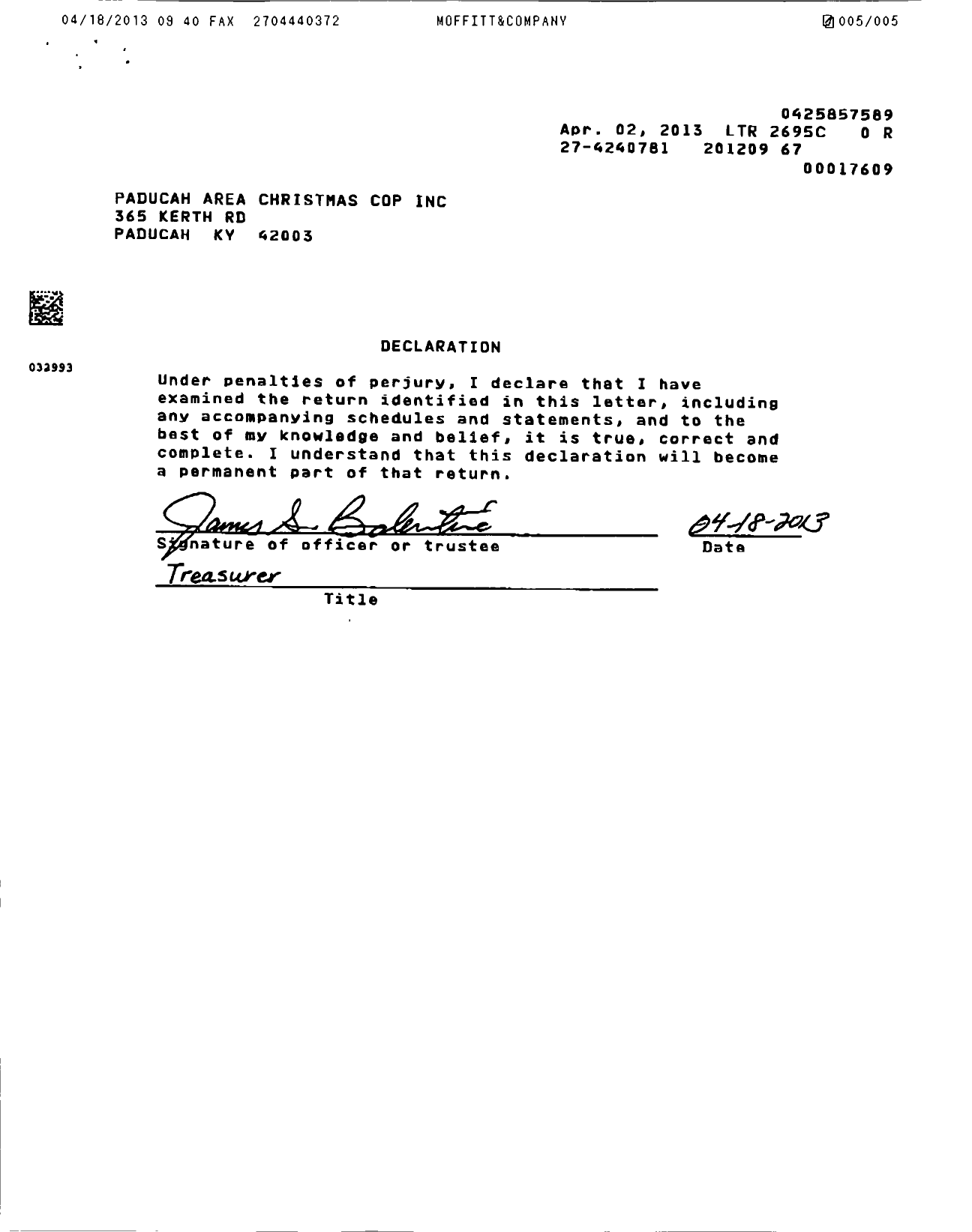 Image of first page of 2011 Form 990ER for Paducah Area Christmas Cop
