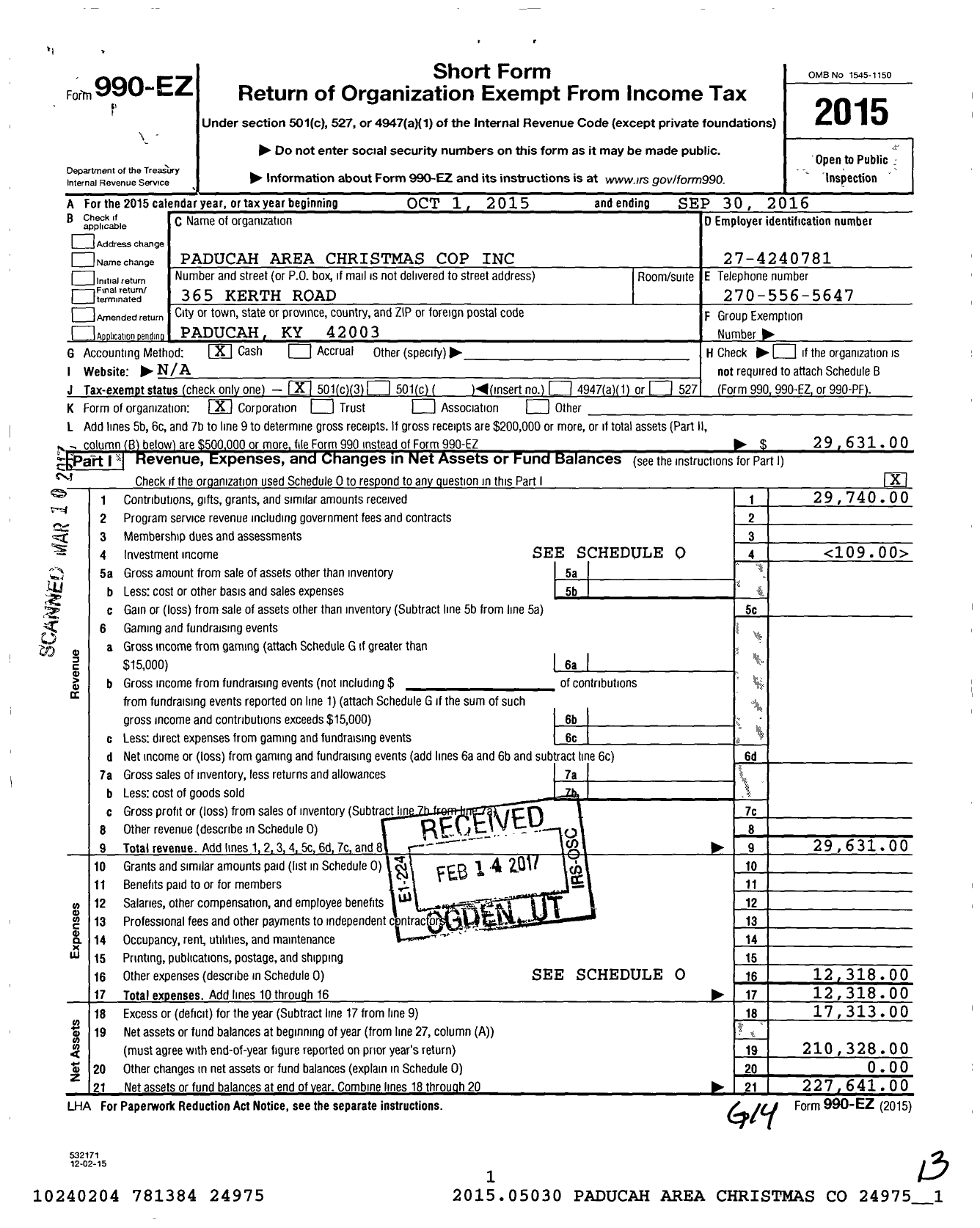 Image of first page of 2015 Form 990EZ for Paducah Area Christmas Cop