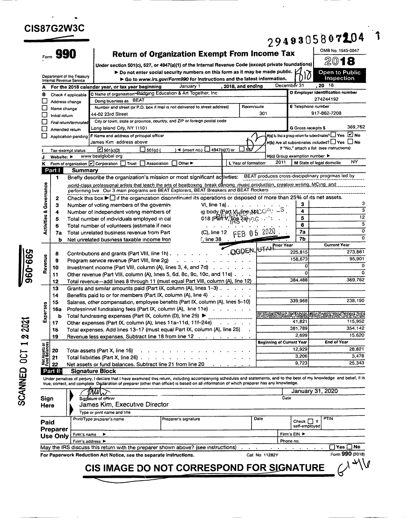 Image of first page of 2018 Form 990 for Bridging Education and Art Together (BEAT)