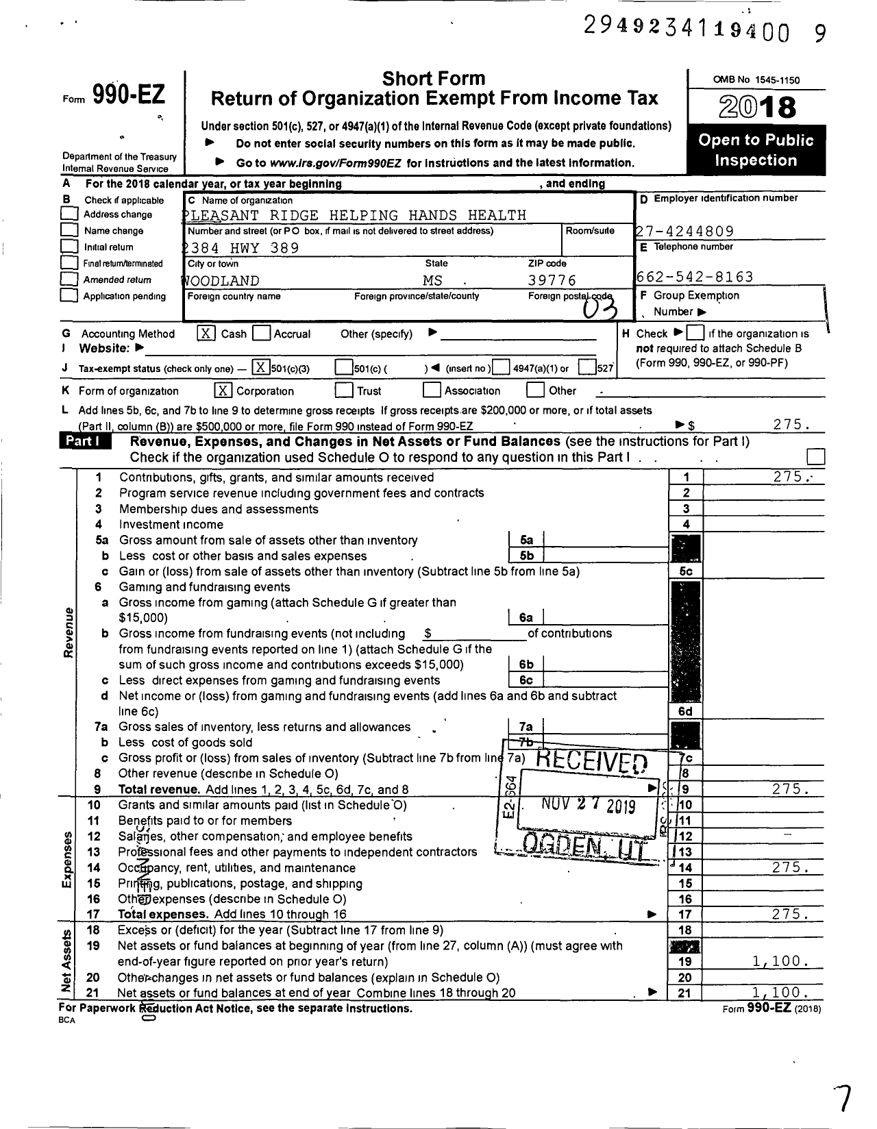 Image of first page of 2018 Form 990EZ for Pleasant Ridge Helping Hands Health Ministry