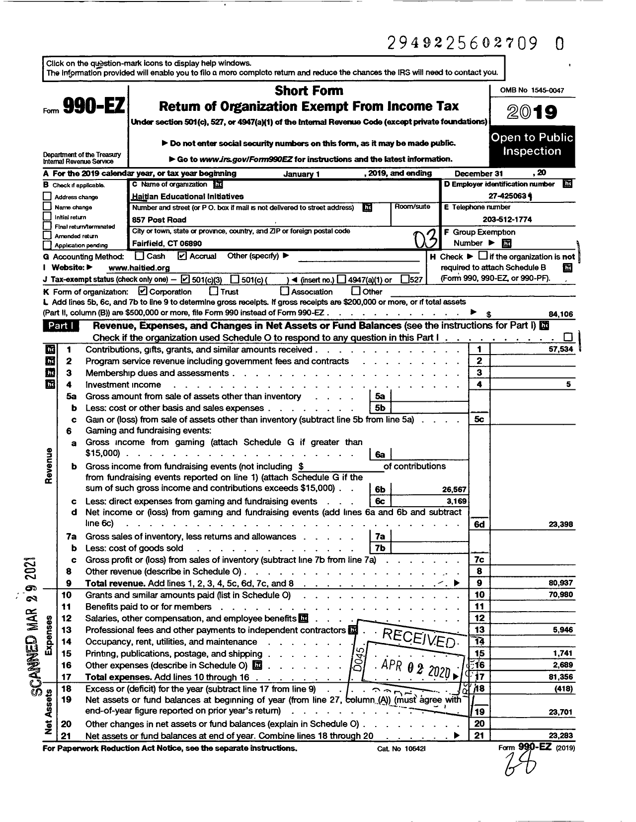 Image of first page of 2019 Form 990EZ for Haitian Educational Initiatives