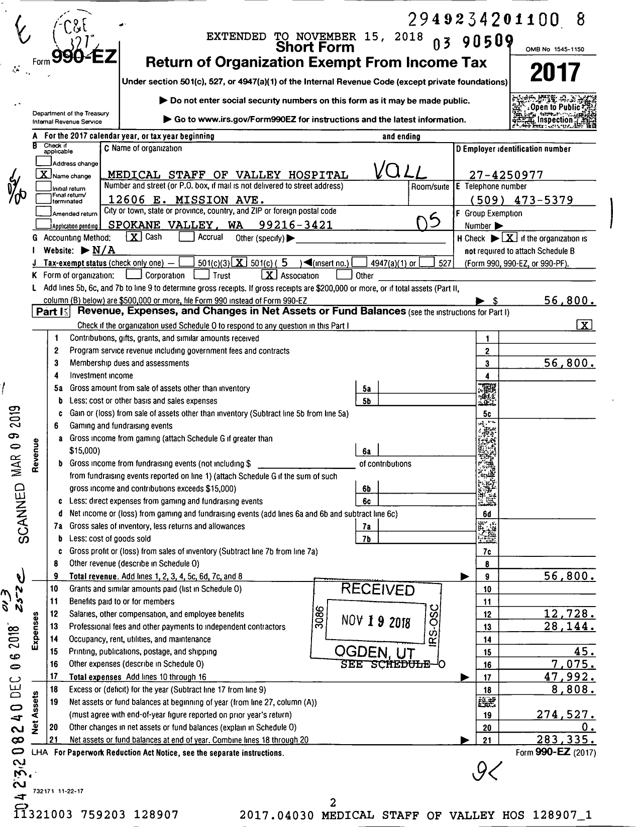 Image of first page of 2017 Form 990EO for Medical Staff of Valley Hospital