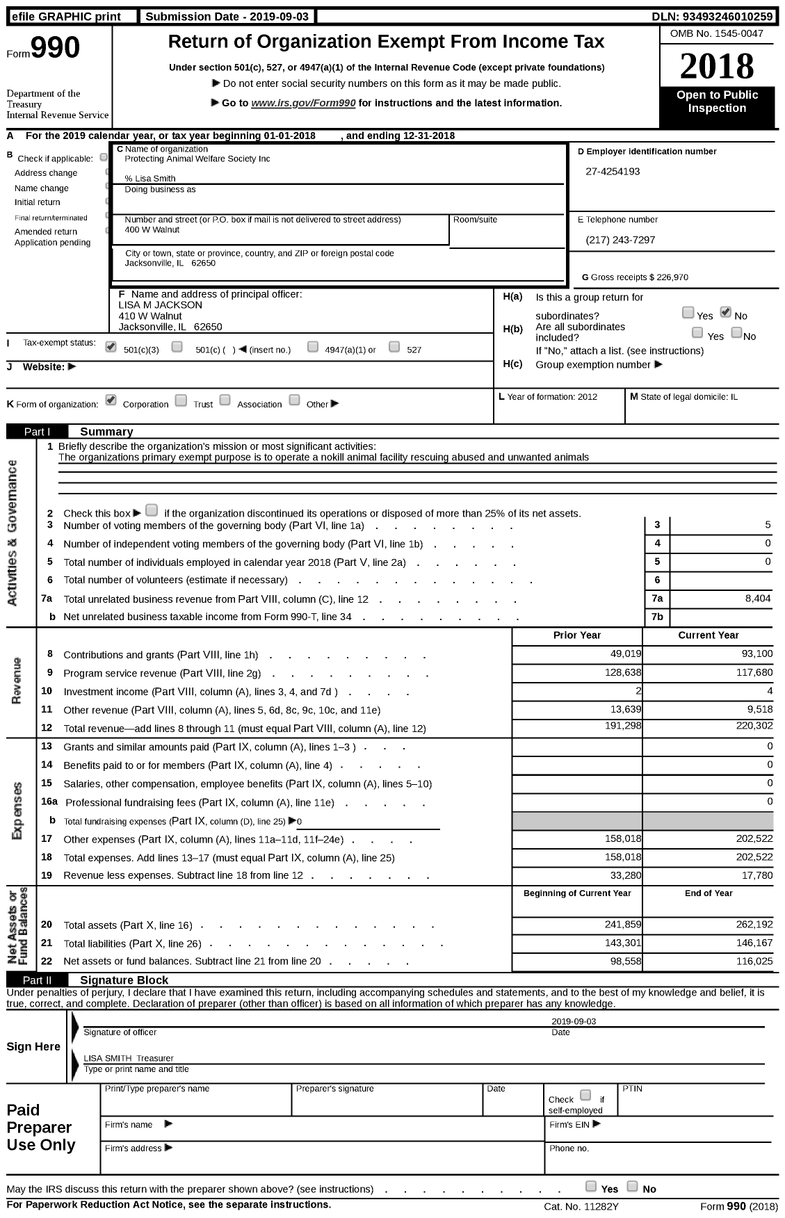 Image of first page of 2018 Form 990 for Protecting Animal Welfare Society