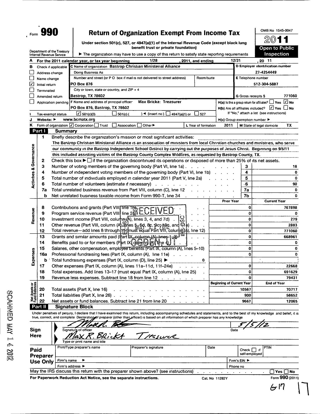 Image of first page of 2011 Form 990 for Bastrop Christian Ministerial Alliance