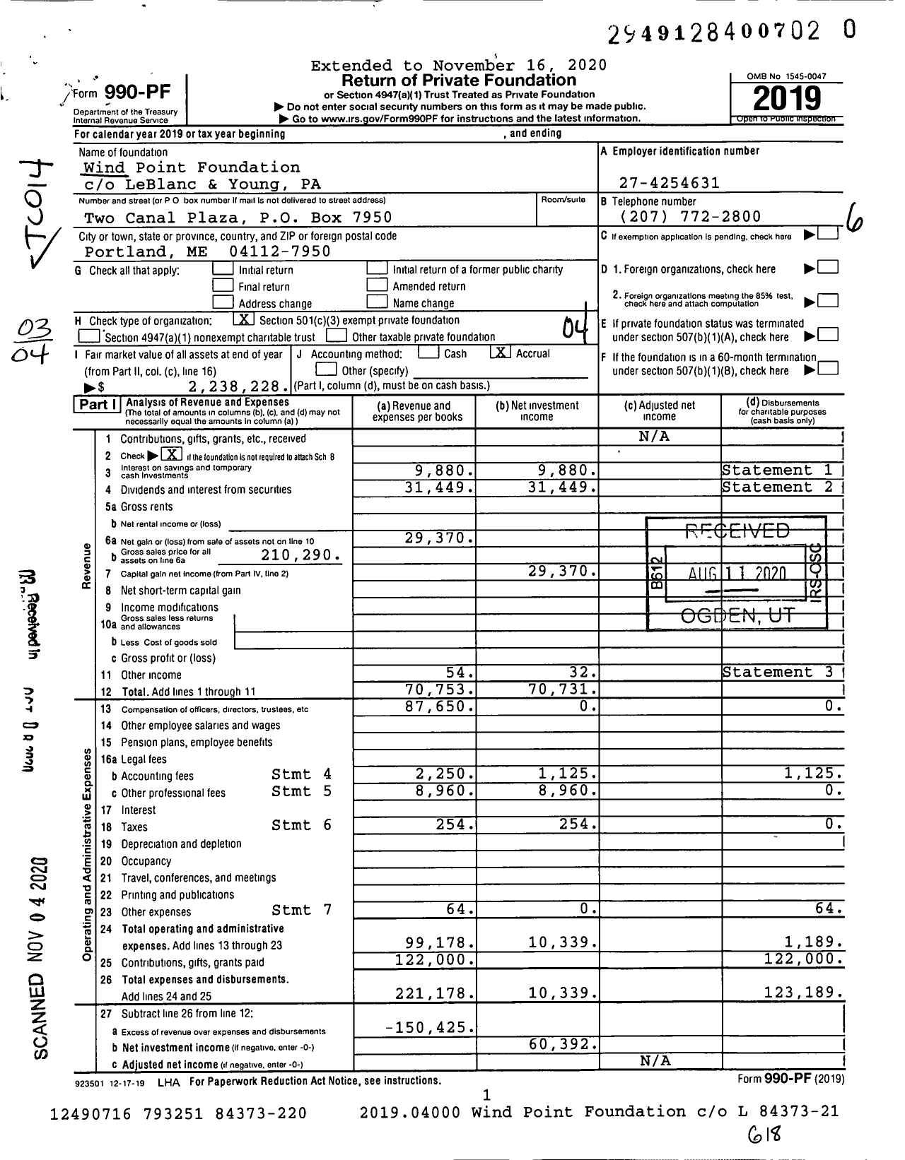 Image of first page of 2019 Form 990PF for Wind Point Foundation