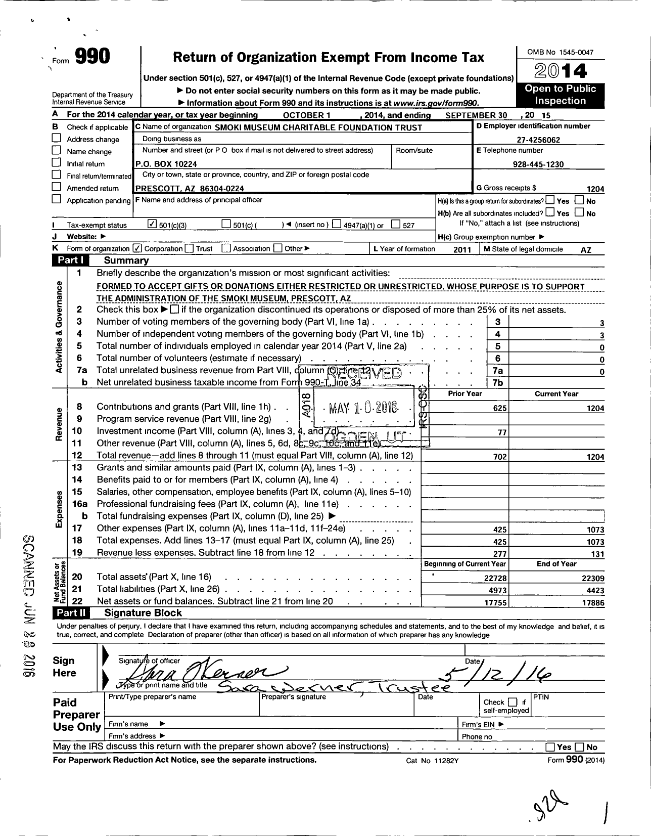 Image of first page of 2014 Form 990 for Smoki Museum Charitable Foundation Trust