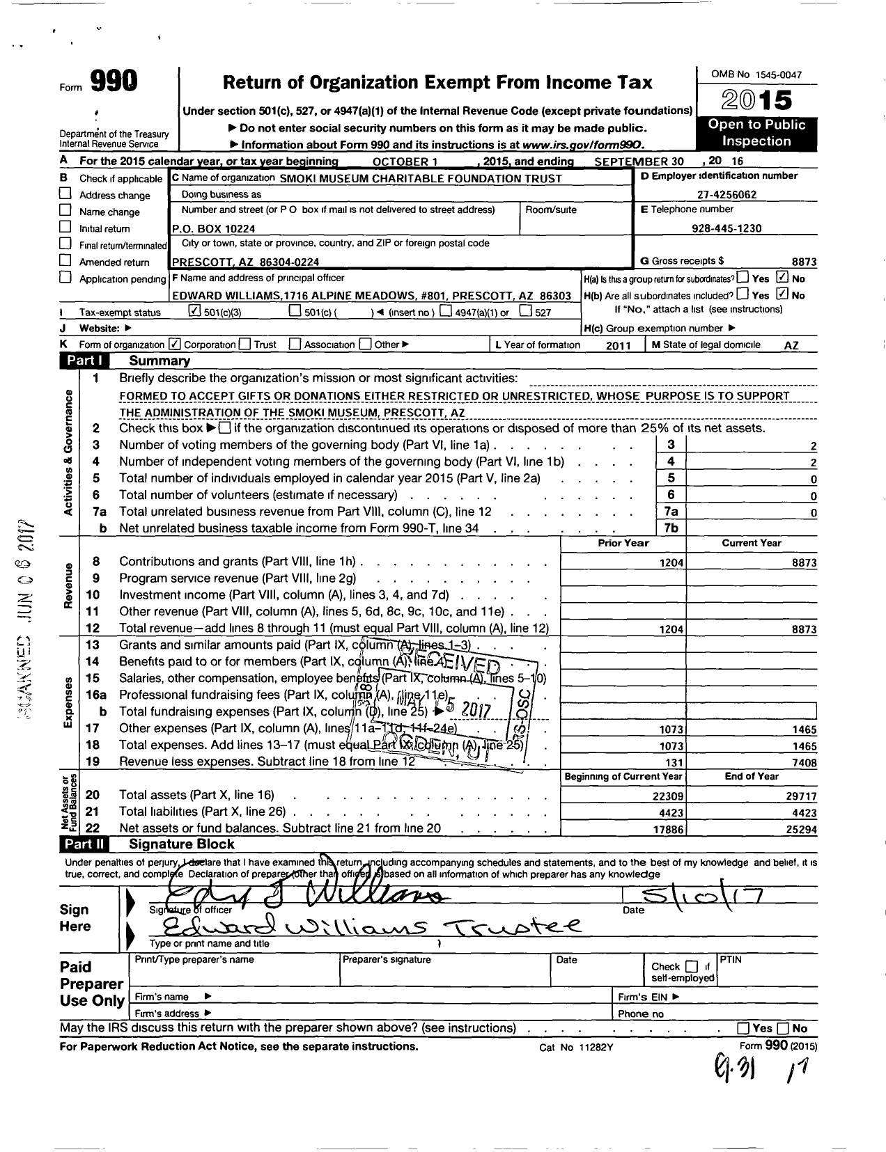 Image of first page of 2015 Form 990 for Smoki Museum Charitable Foundation Trust