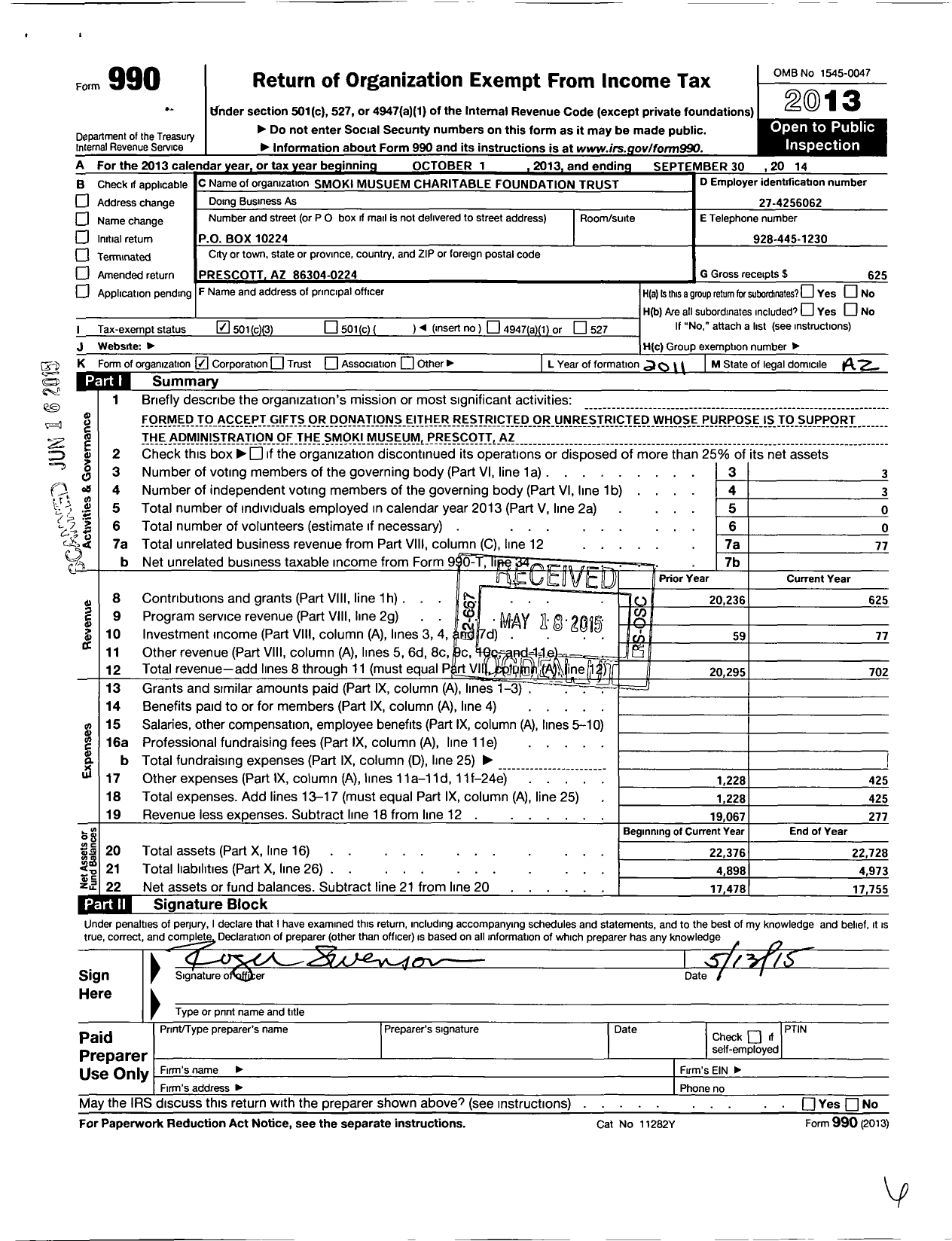 Image of first page of 2013 Form 990 for Smoki Museum Charitable Foundation Trust