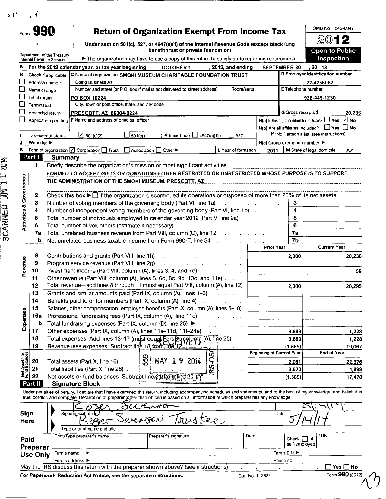 Image of first page of 2012 Form 990 for Smoki Museum Charitable Foundation Trust