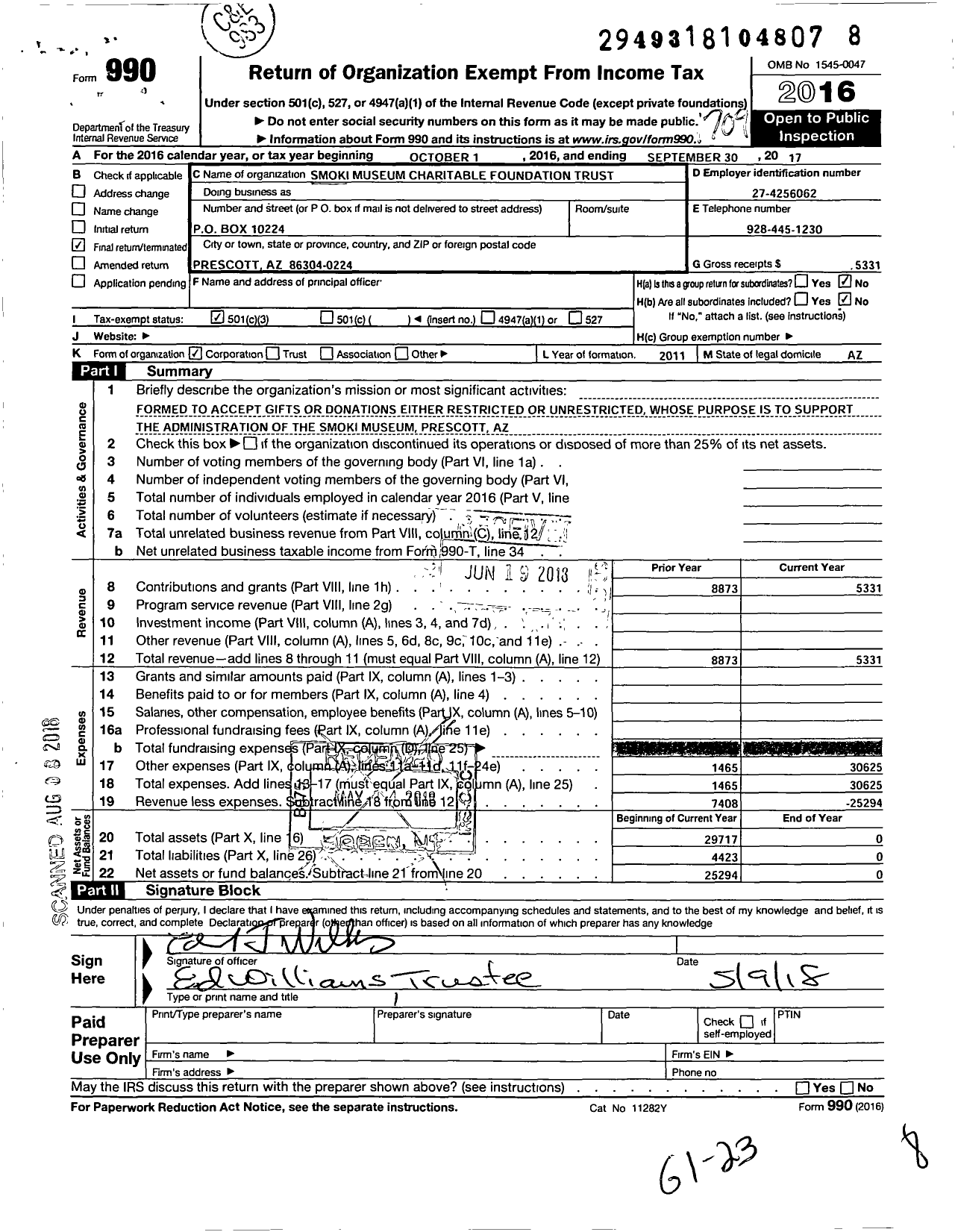 Image of first page of 2016 Form 990 for Smoki Museum Charitable Foundation Trust