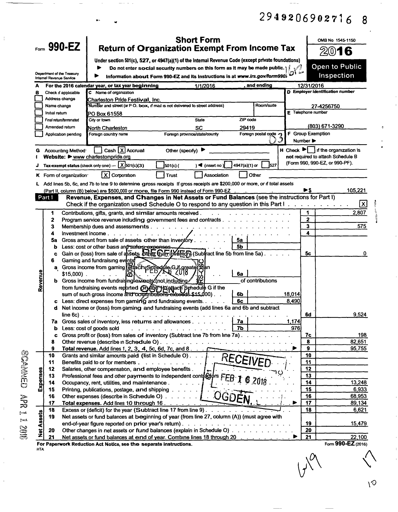 Image of first page of 2016 Form 990EZ for Charleston Pride Festival