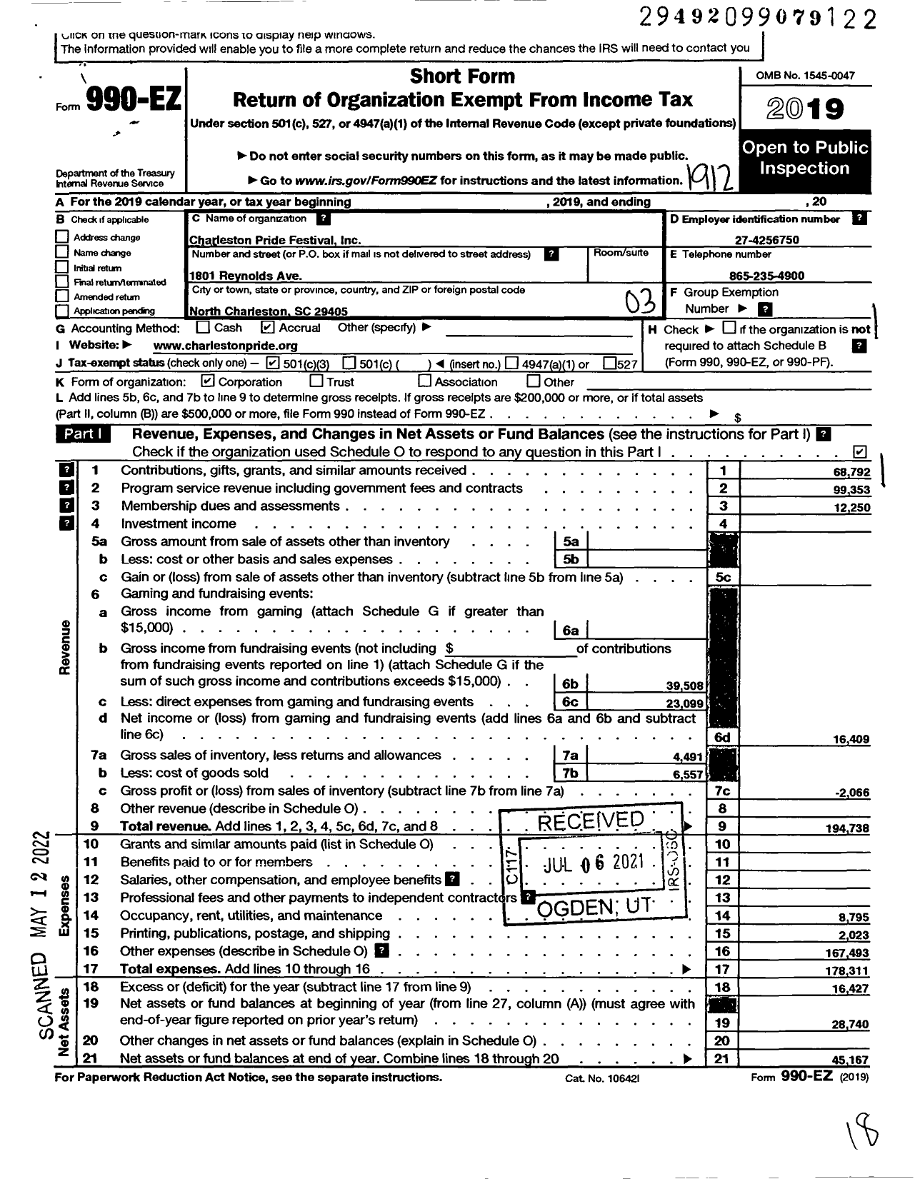 Image of first page of 2019 Form 990EZ for Charleston Pride Festival