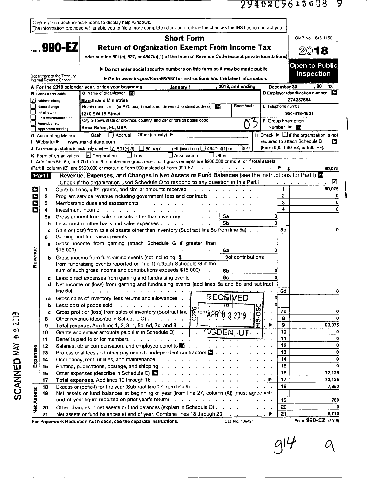 Image of first page of 2018 Form 990EZ for Maridhiano Ministries