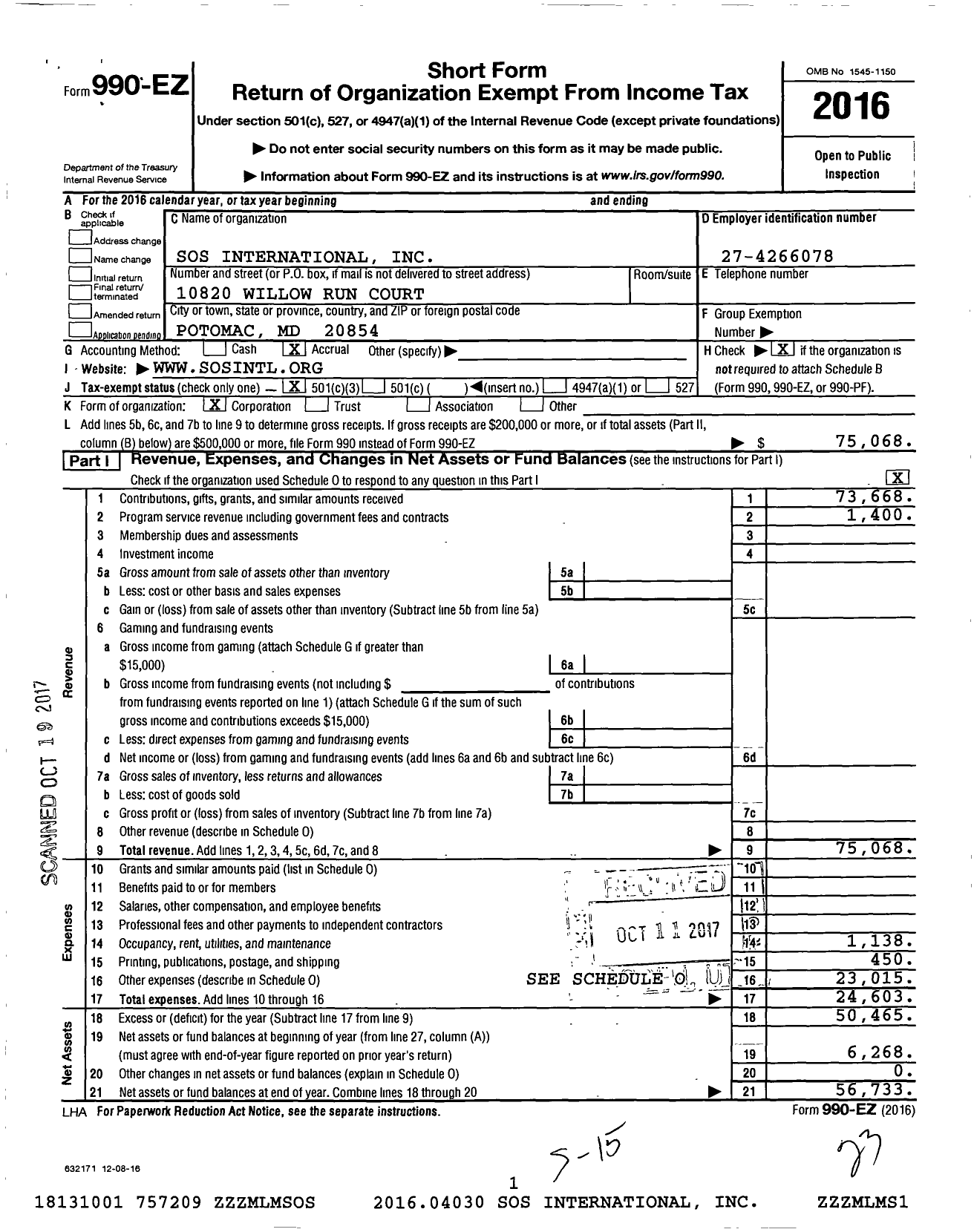 Image of first page of 2016 Form 990EZ for Sos International