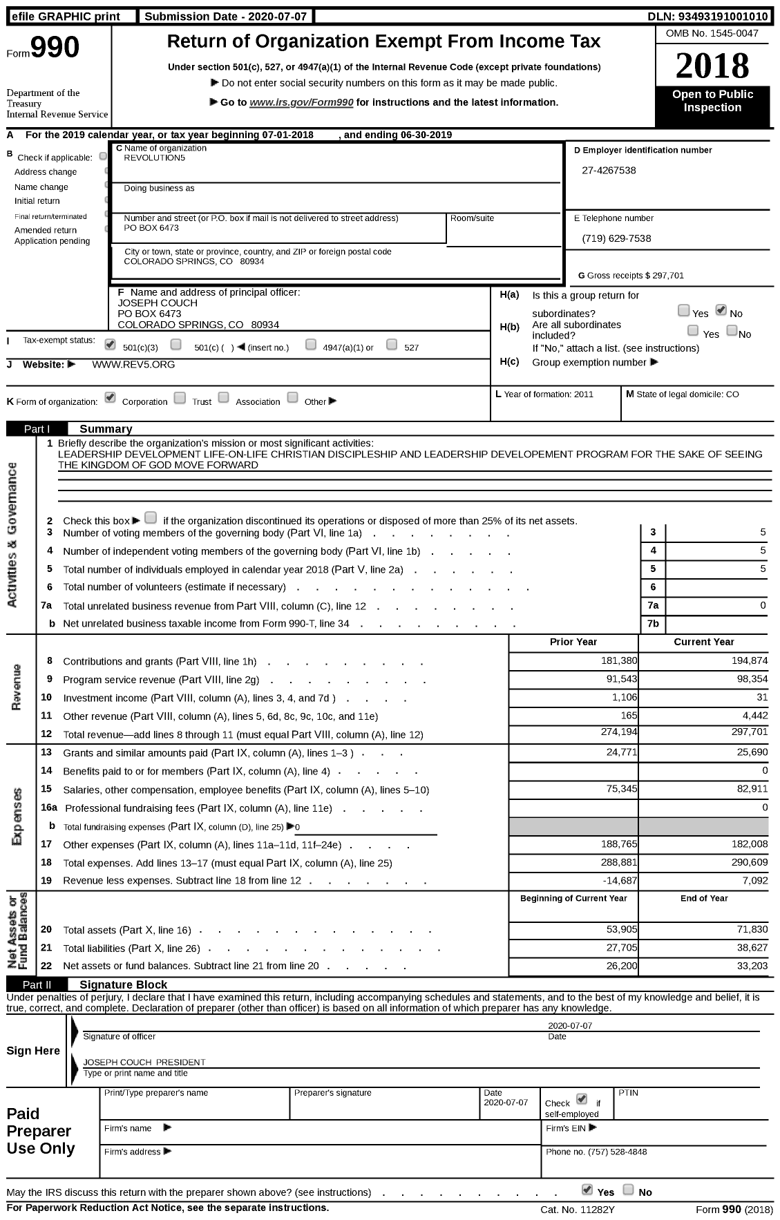 Image of first page of 2018 Form 990 for Revolution5