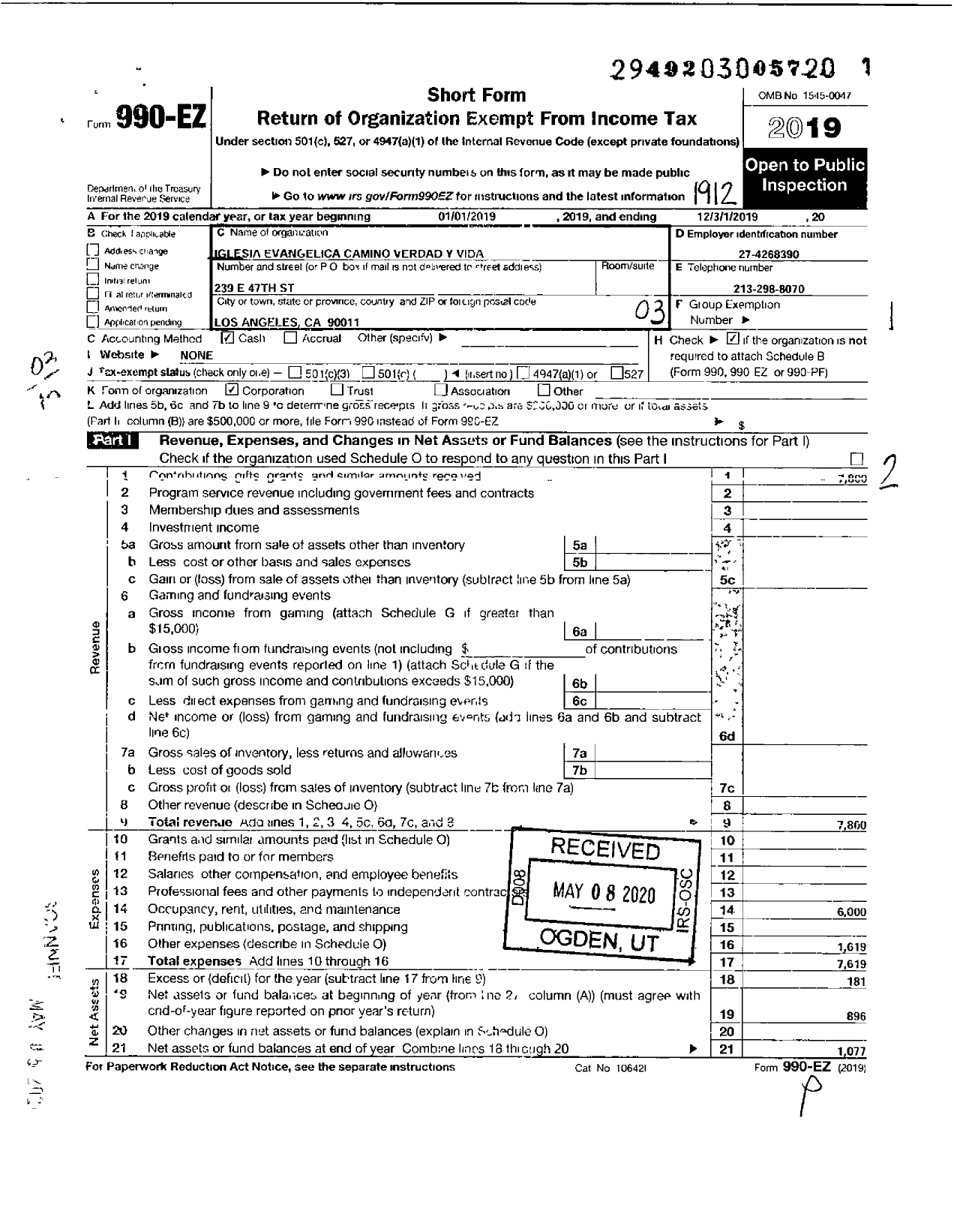 Image of first page of 2019 Form 990EO for Iglesia de Jesucristo Camino Verdad Y Vida