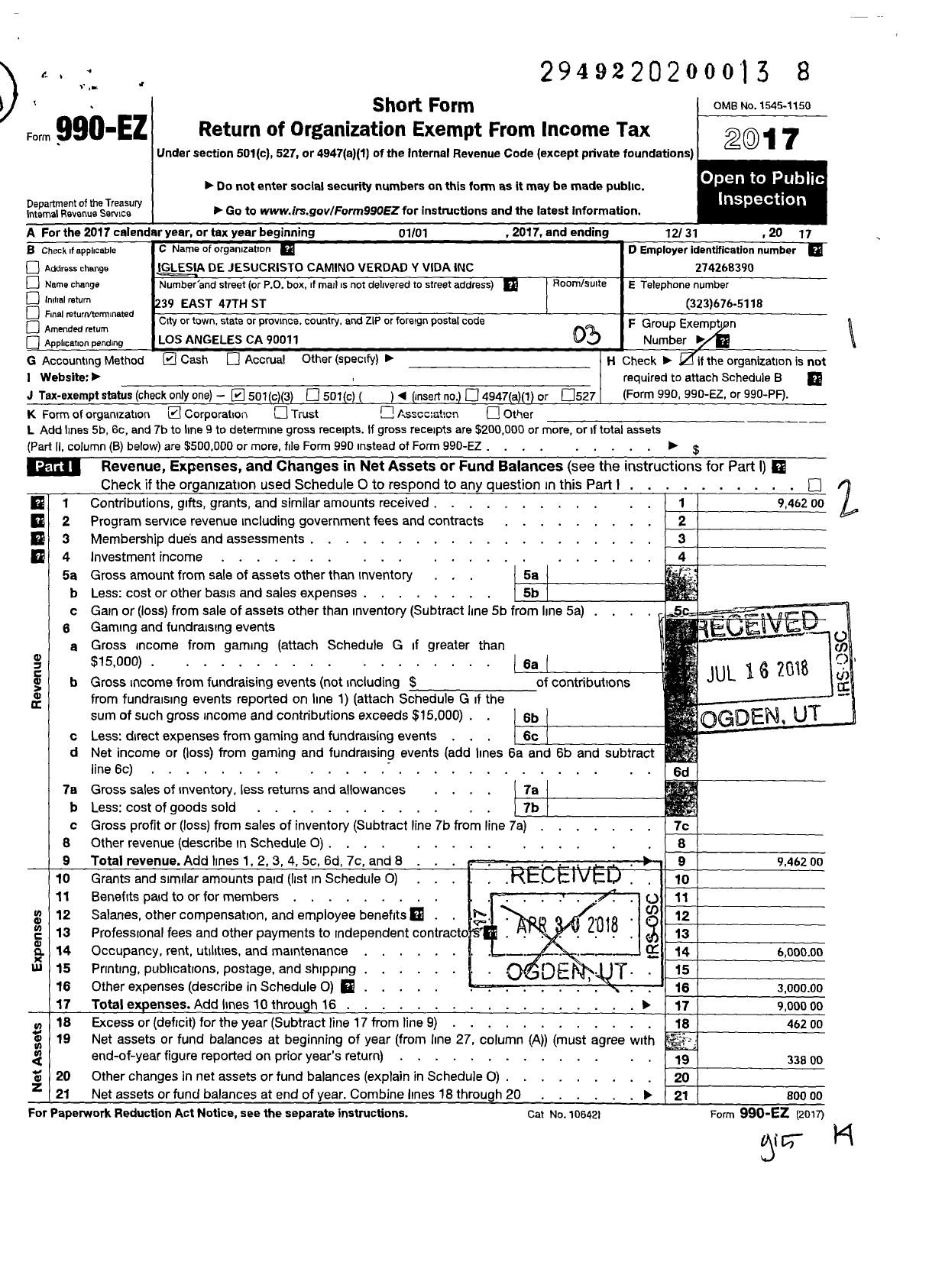 Image of first page of 2017 Form 990EZ for Iglesia de Jesucristo Camino Verdad Y Vida