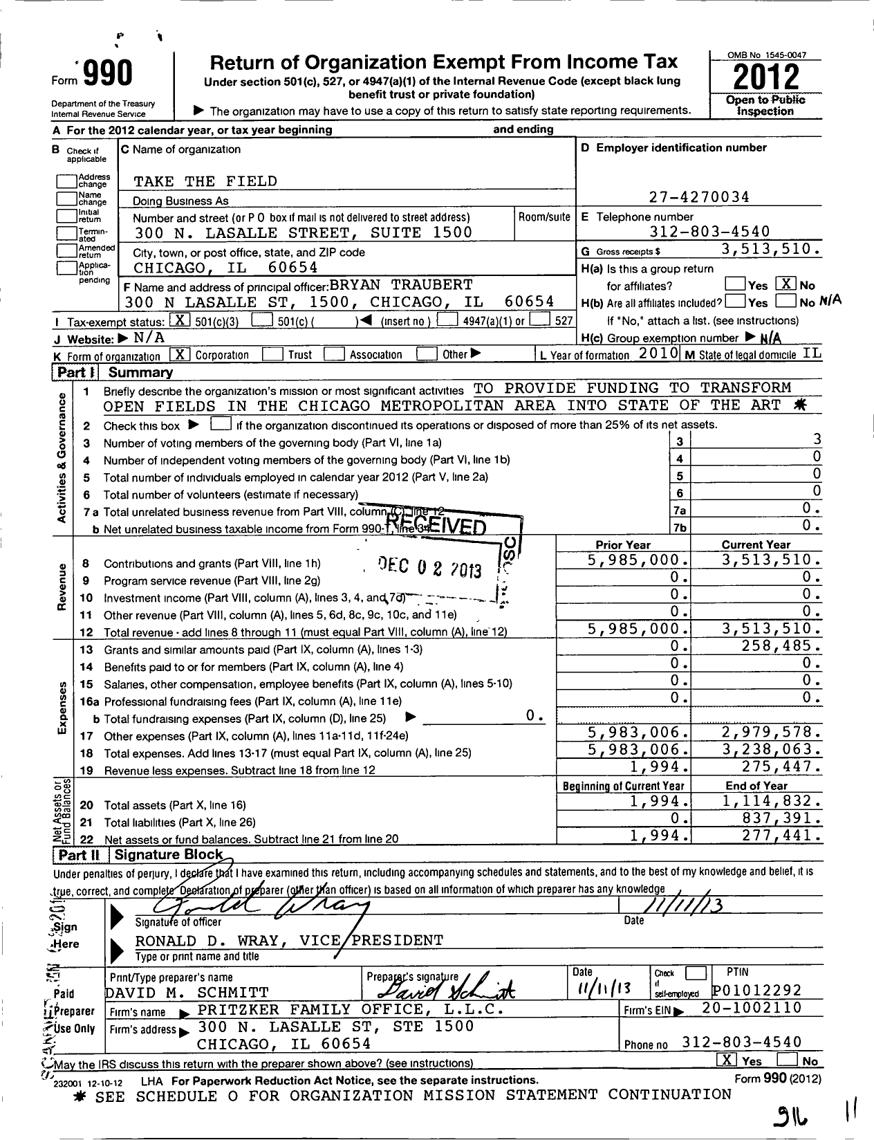 Image of first page of 2012 Form 990 for Take the Field