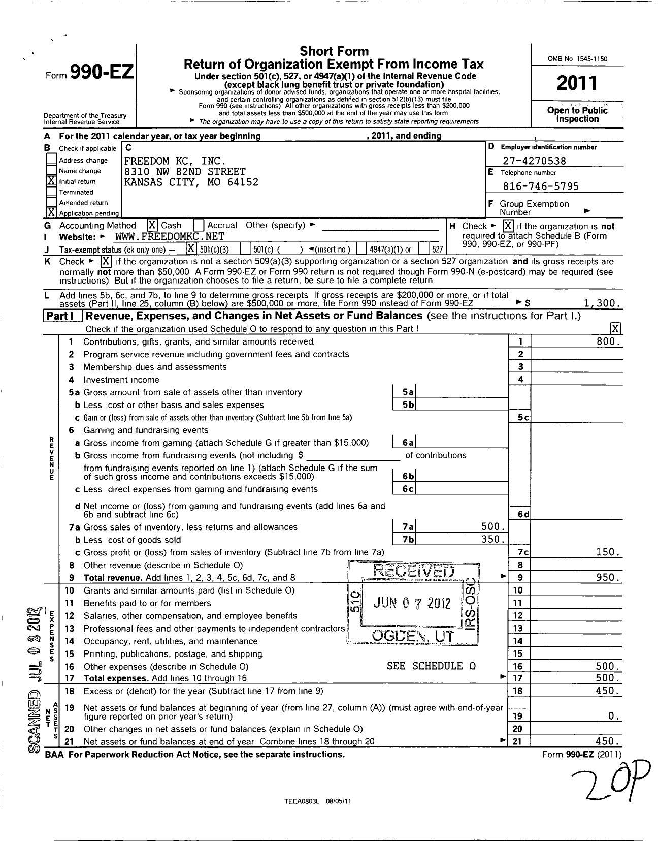 Image of first page of 2011 Form 990EZ for Freedom KC