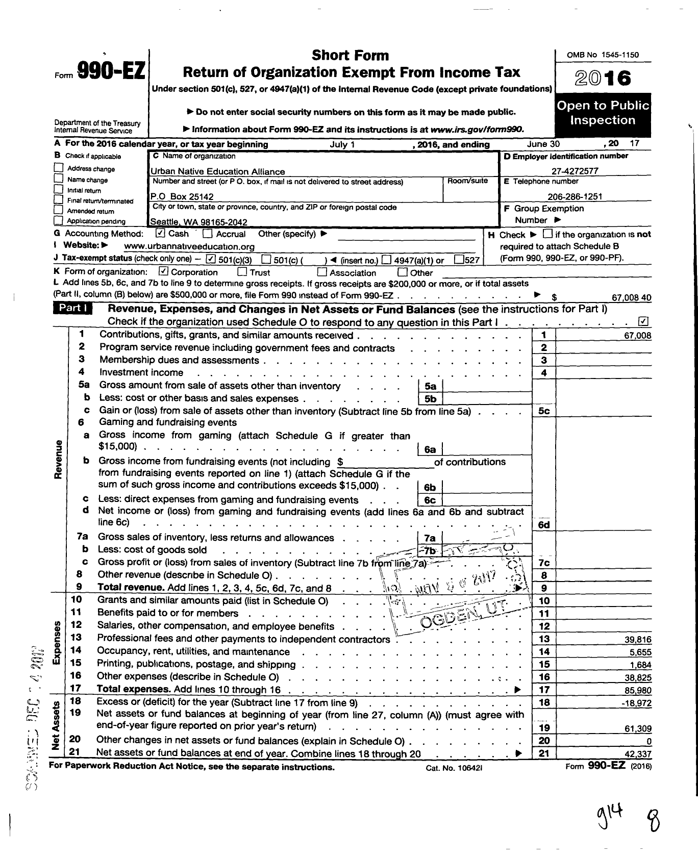 Image of first page of 2016 Form 990EZ for Urban Native Education Alliance