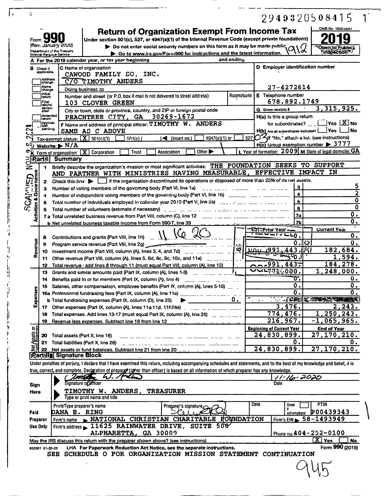 Image of first page of 2019 Form 990 for Cawood Family