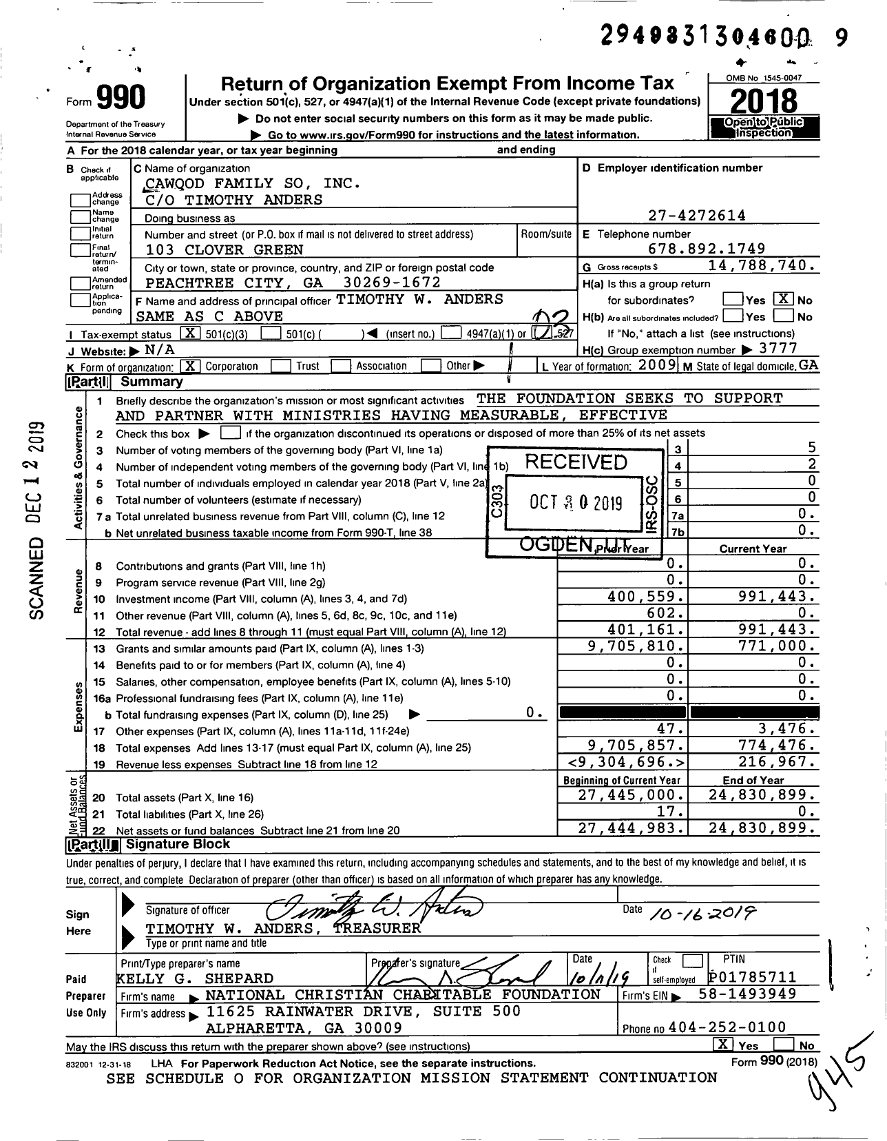 Image of first page of 2018 Form 990 for Cawood Family